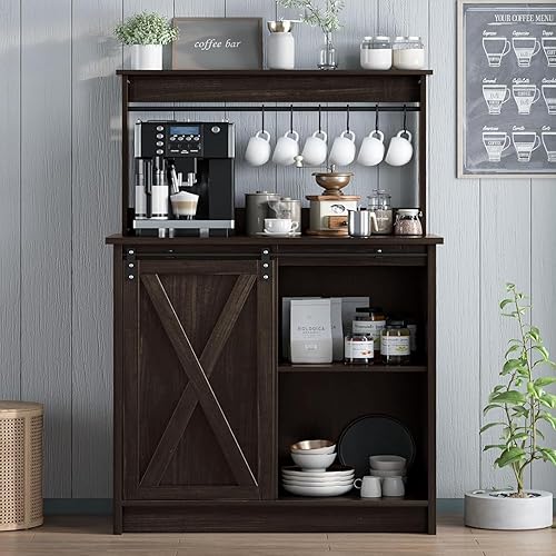 Miniatura 16 de 4ever2buy Armario de café de granja con gabinete, gabinete de buffet de 47 pulgadas con almacenamiento, barra de vino blanco con 9 estantes de vino