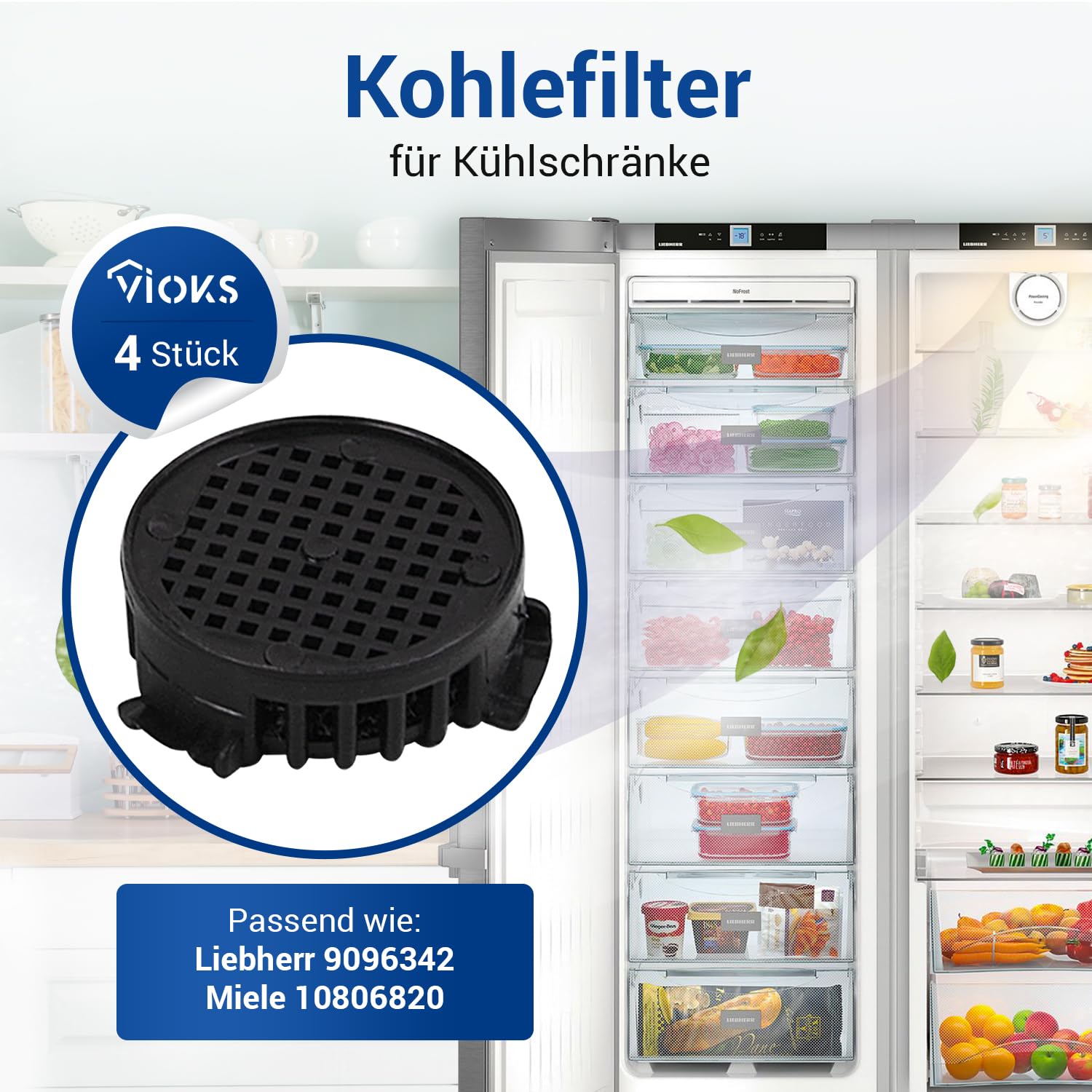 VIOKS Lot de 2 filtres à charbon actif pour réfrigérateur Liebhеrr Fresh Air Filter 9096342 9882471 - 45 mm de diamètre - Filtre à charbon actif Liebhеrr et pièces de rechange pour réfrigérateur