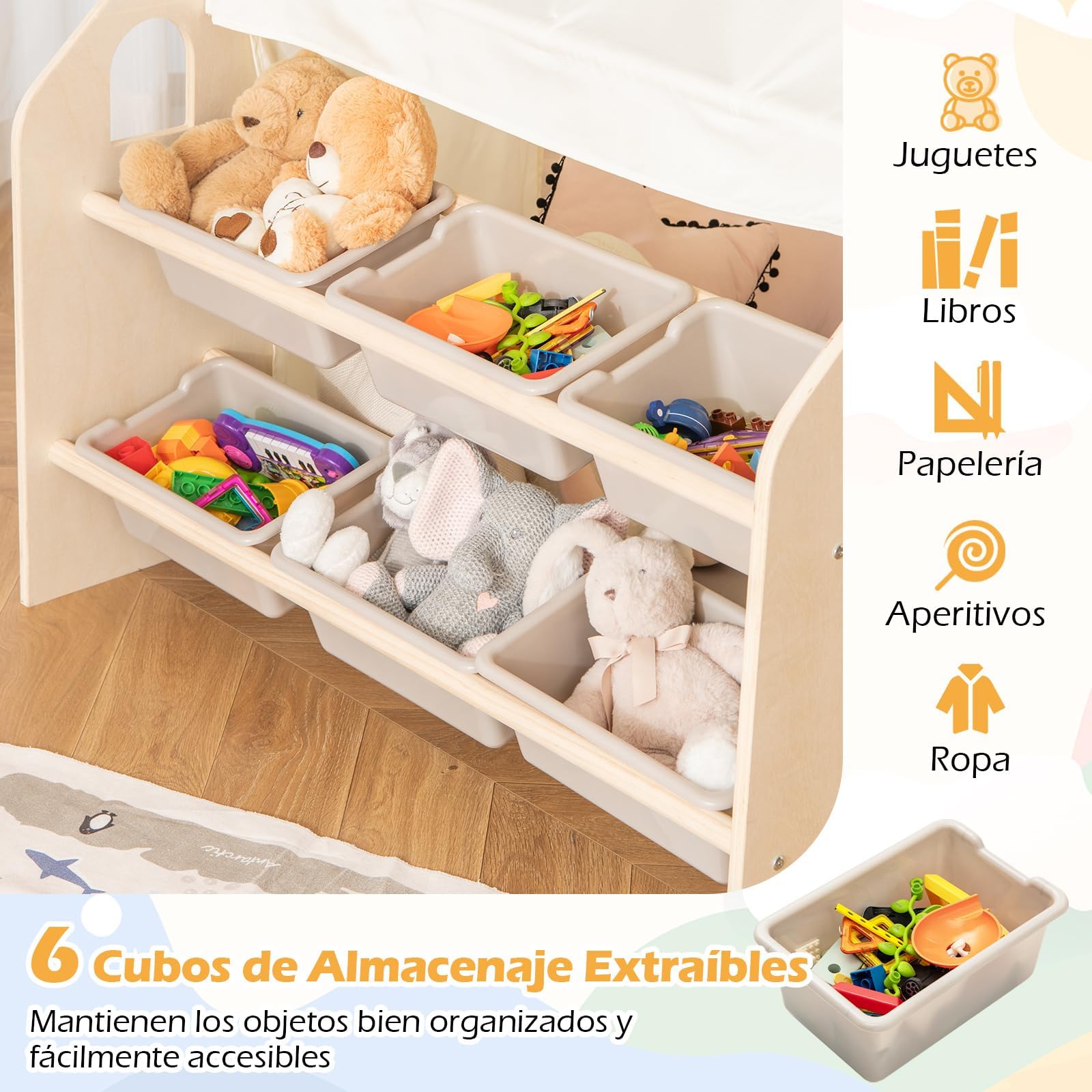 RELAX4LIFE 6 en 1 Tienda de Campaña Infantil con Estructura Madera, Mesa de Doble Cara, Silla, Pizarra, Alfombra y 6 Cajas, Parque Infantil Bebe con 2 Puertas y Ventana, Casita Infantil