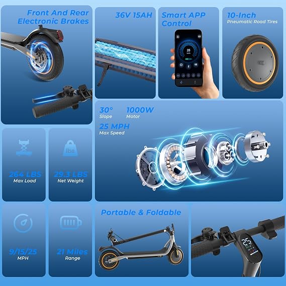 Electric Scooters - Electric Scooter for Adults, 500W/1000W/1500W Motor, 18/21/25 Max MPH, 21/28 Miles Range, APP Control, Cruise Control, Lightweight Foldable E-Scooter