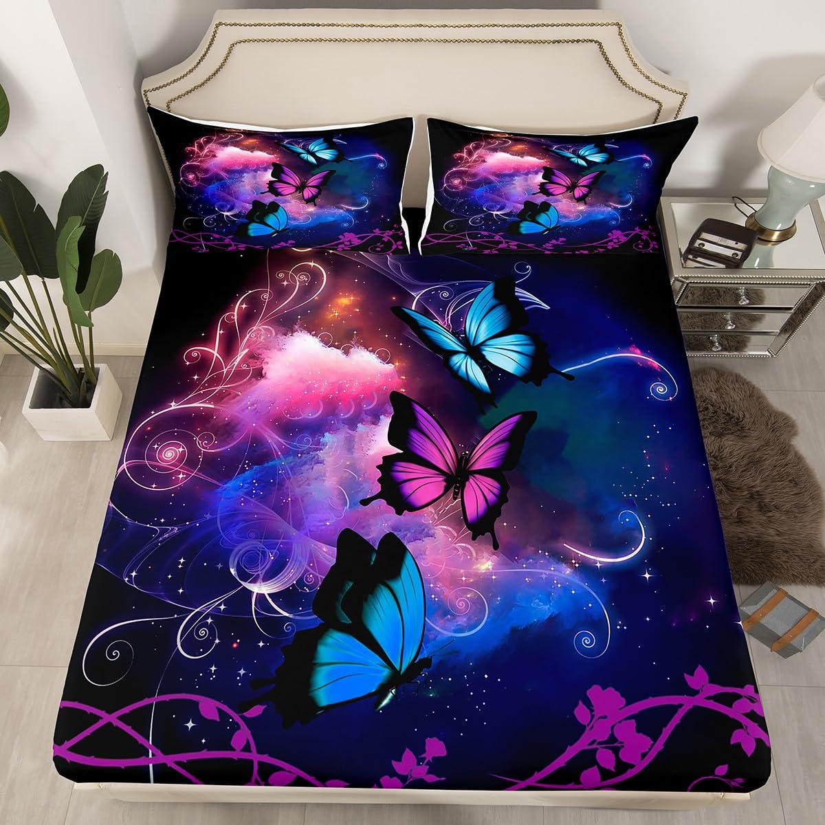 jejeloiu Butterfly Fitted Sheet Twin Size Kids Butterflies Print for Girl Butterfly Floral Bed Sheets Set Purple Bedding Set Room Decor