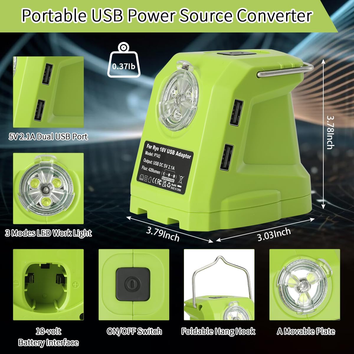 Battery Adapter for Ryobi 18volt One+ P107 P108 Li-ion Battery,Portable Power Source Converter with Dual USB Phone Charge Port,420LM Flashlight LED Work Light with Hook,Outdoor Lantern Camping Lamp