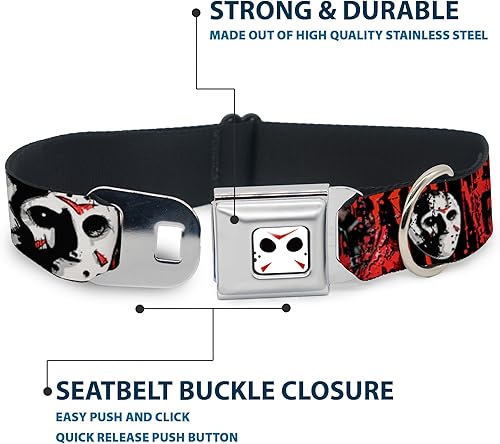 Miniatura 4 de Hebilla para cinturón de seguridad con cuello de perro Viernes 13 Jason Mask4 Hacha Splatter negro rojo 18 a 32 pulgadas 1.5 pulgadas de ancho