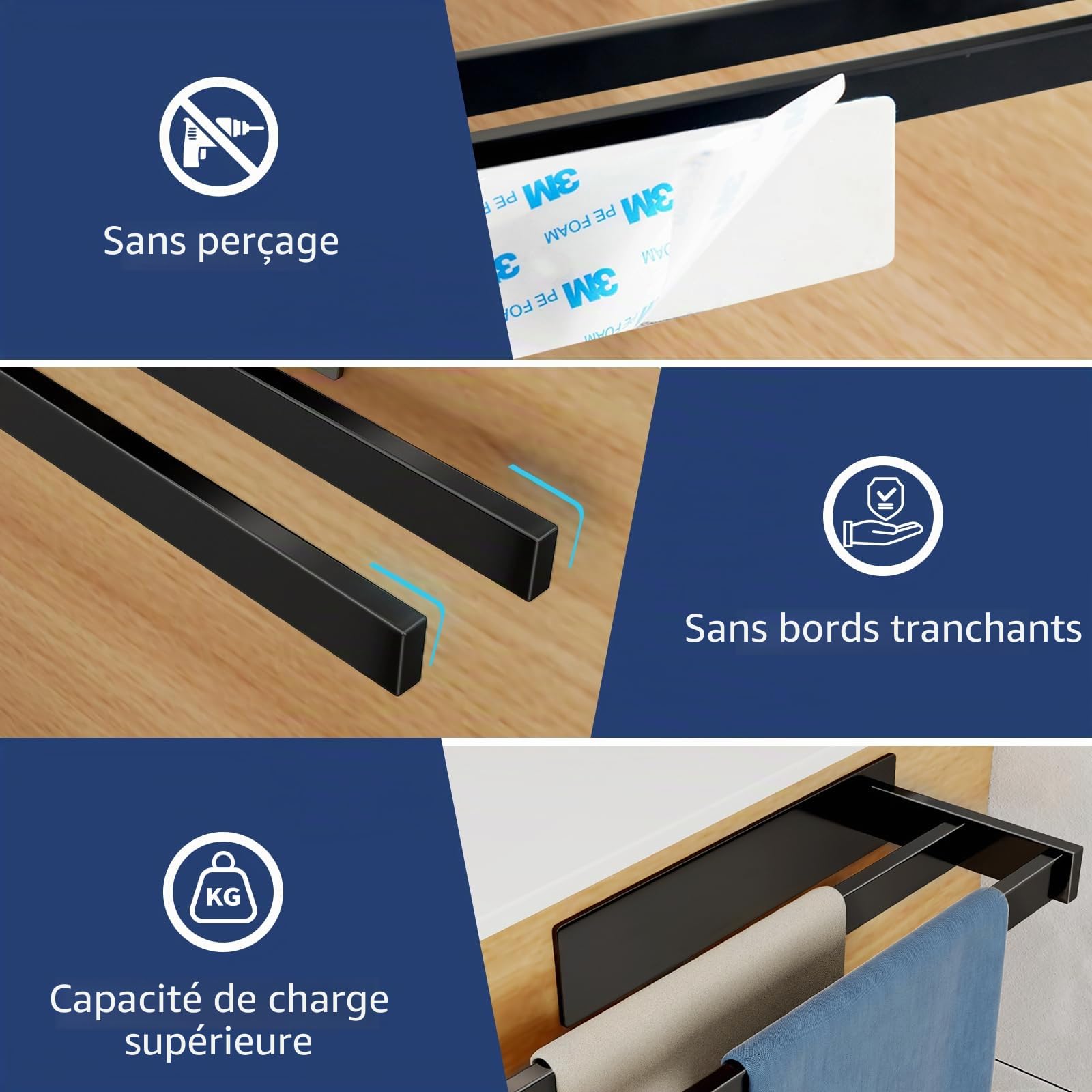 Vista Porte Serviettes Autocollant en Acier Inoxydable SUS304 Porte Serviettes Double de Salle de Bain Robuste et Durable 40cm Noir