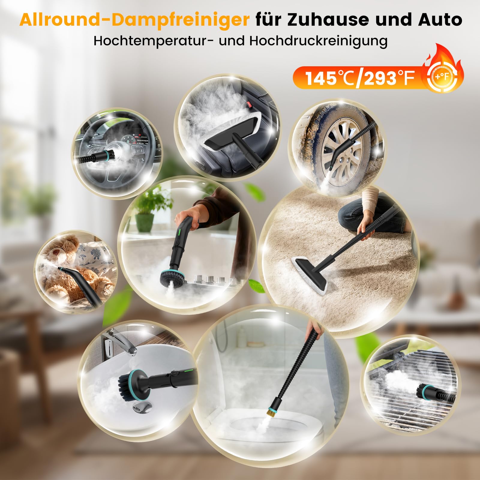 Limpiador a vapor profesional de 2500 W, 15 segundos, con 18 unidades de juego de limpieza y barra de extensión, para muebles tapizados, coche, baño, ventana, azulejos (5, negro)