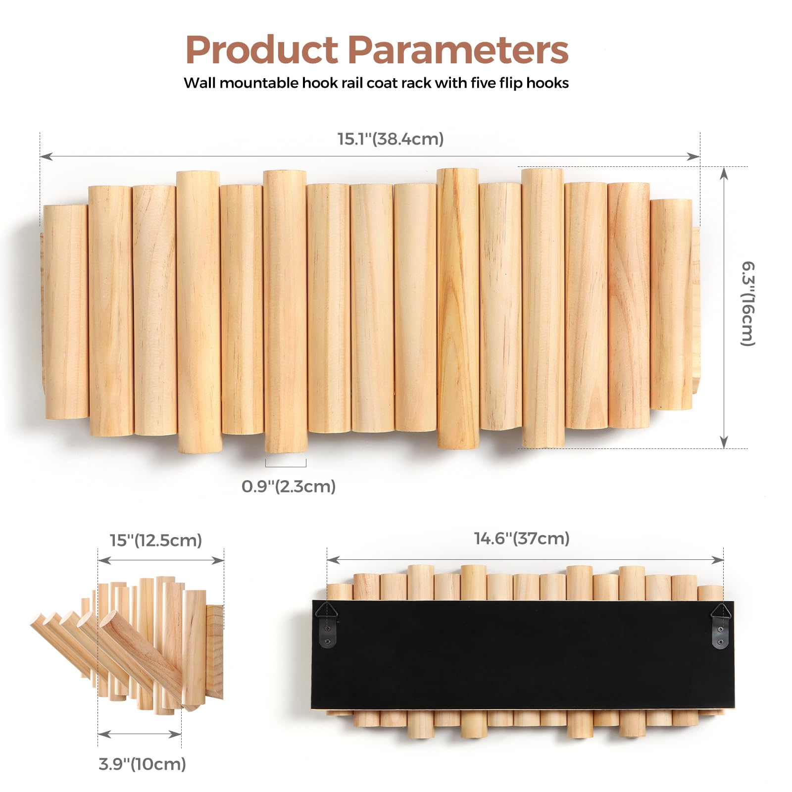 zQSFP Wall Mounted Coat Rack with 5 Foldable Hooks, Space-Saving Natural Wood Storage Organizer for Entryway, Bedroom, Office, Sleek Modern Design, Easy Installation (Nature)