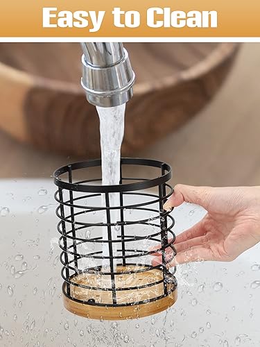 Miniatura 7 de SPLMIFA Soporte para utensilios para encimera de cocina, 6 x 6 x 7.5 pulgadas, soporte redondo grande para utensilios con base de madera, soporte