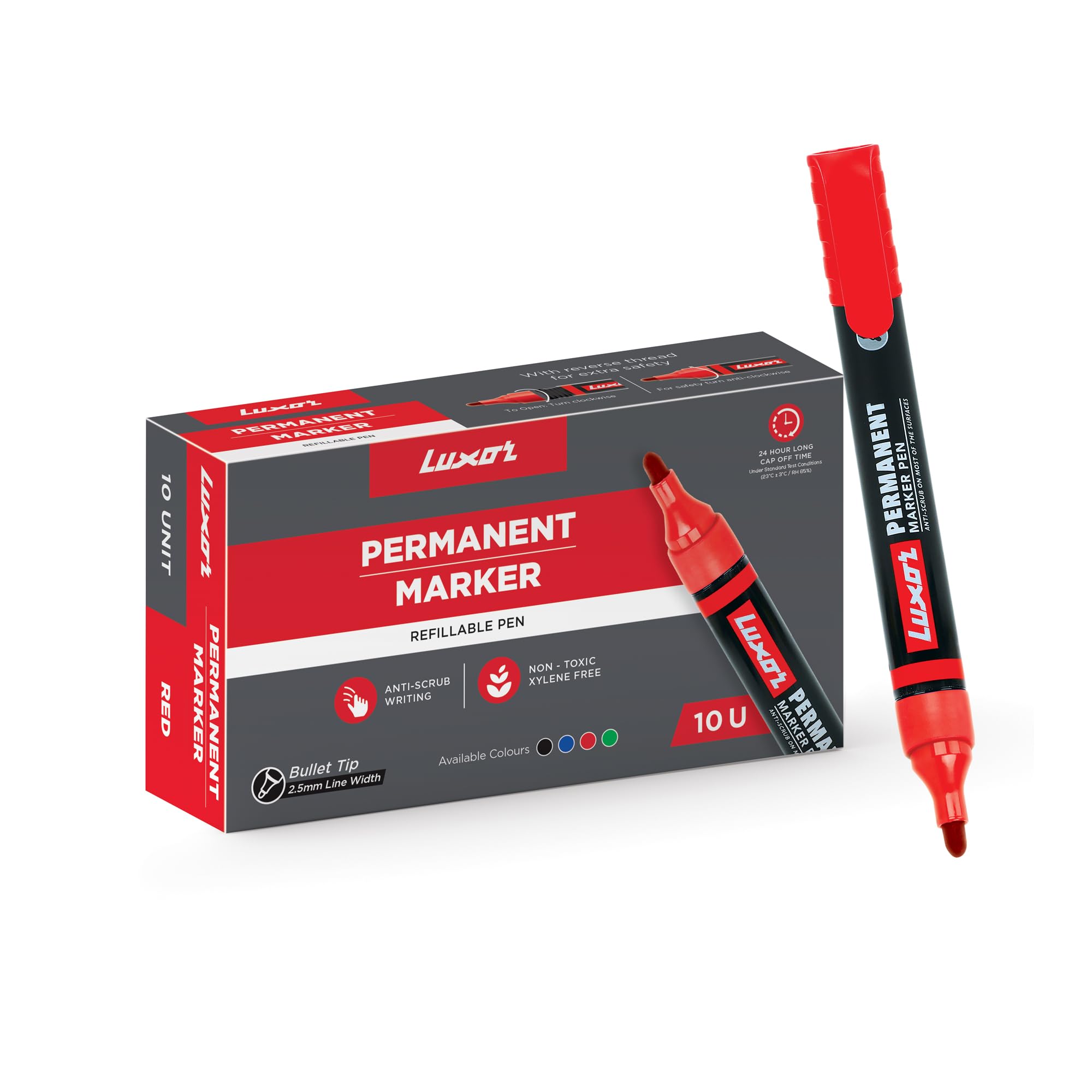 Luxor Refillable Permanent Marker in Vibrant Red, Pack of 10, Perfect for Bright and Sustainable Writing