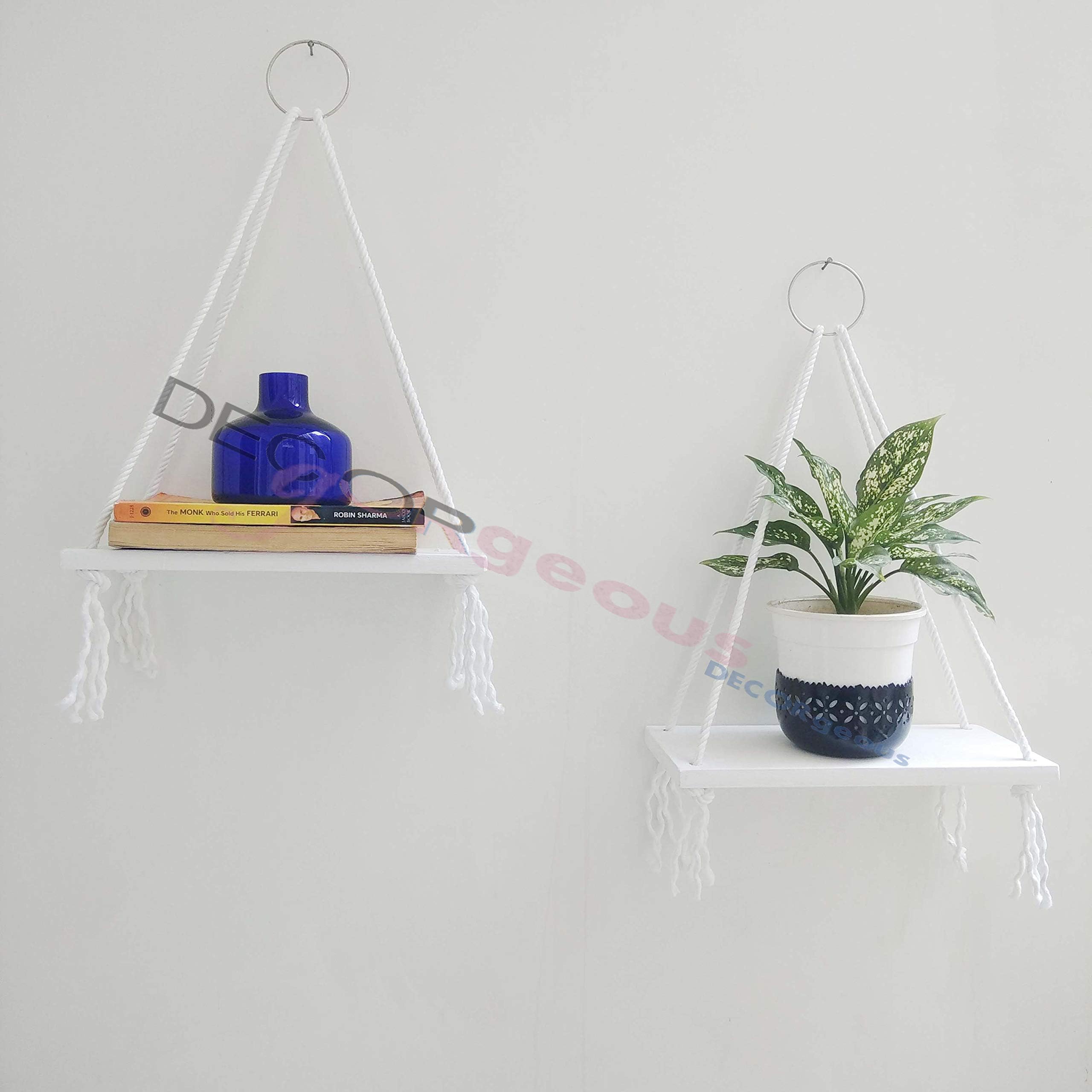 White Wood Hanging Shelf Bohemian Nordic Style Floating Swing Rope Display/Flower Pot Shelf/Rack Perfect for Home & Office Decor (Small Pair Shelf) 12x5 inches Each
