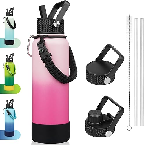 Miniatura 11 de BJPKPK Botella de agua aislada con tapa con popote, frascos térmicos de 22 onzas con 3 tapas, mango de paracord y bota antideslizante, vasos de