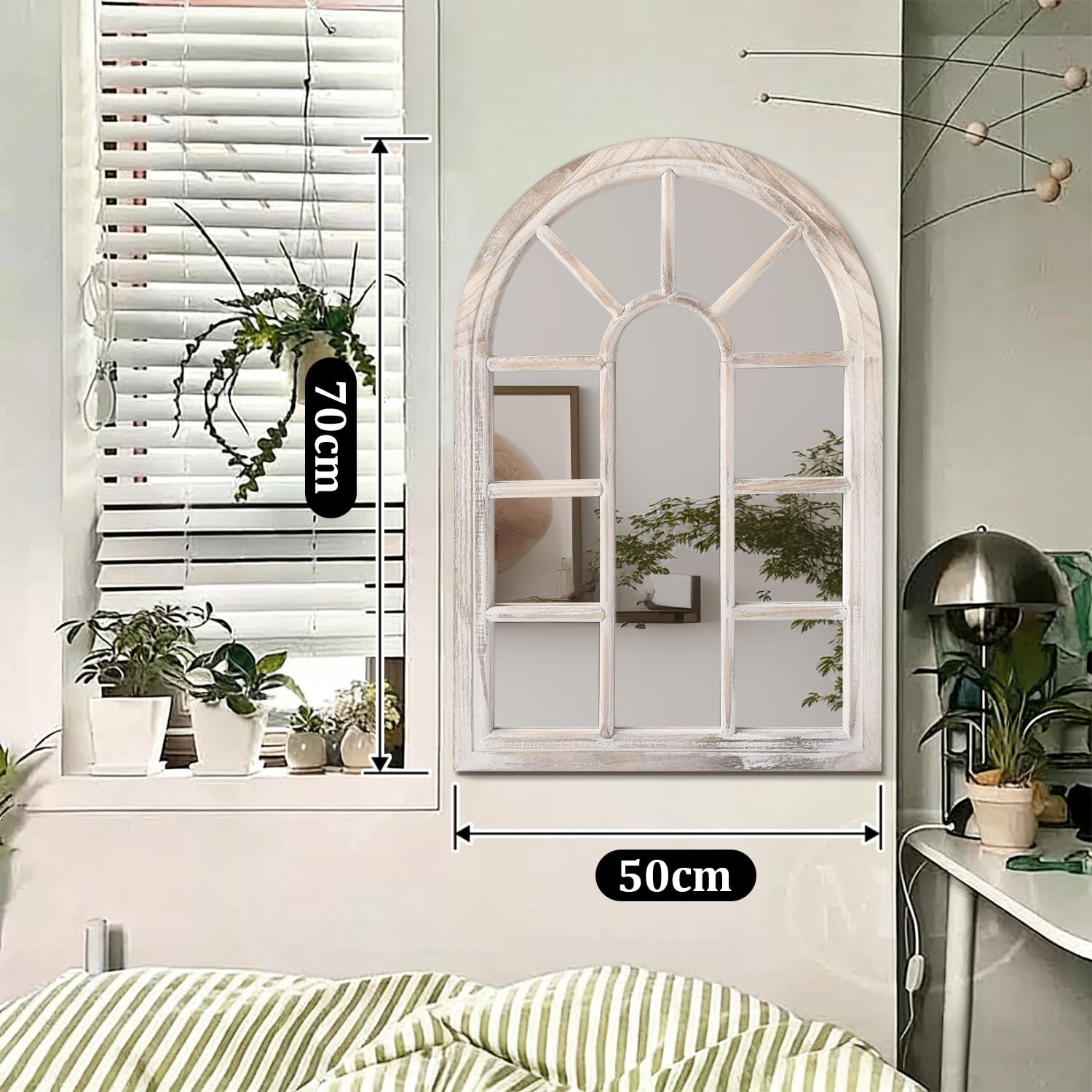 Espejo de arco, espejo de pared blanco, marco de madera grande, espejos decorativos de arte moderno para sala de estar, dormitorio y entrada, 70 x 50 cm, decoración del hogar