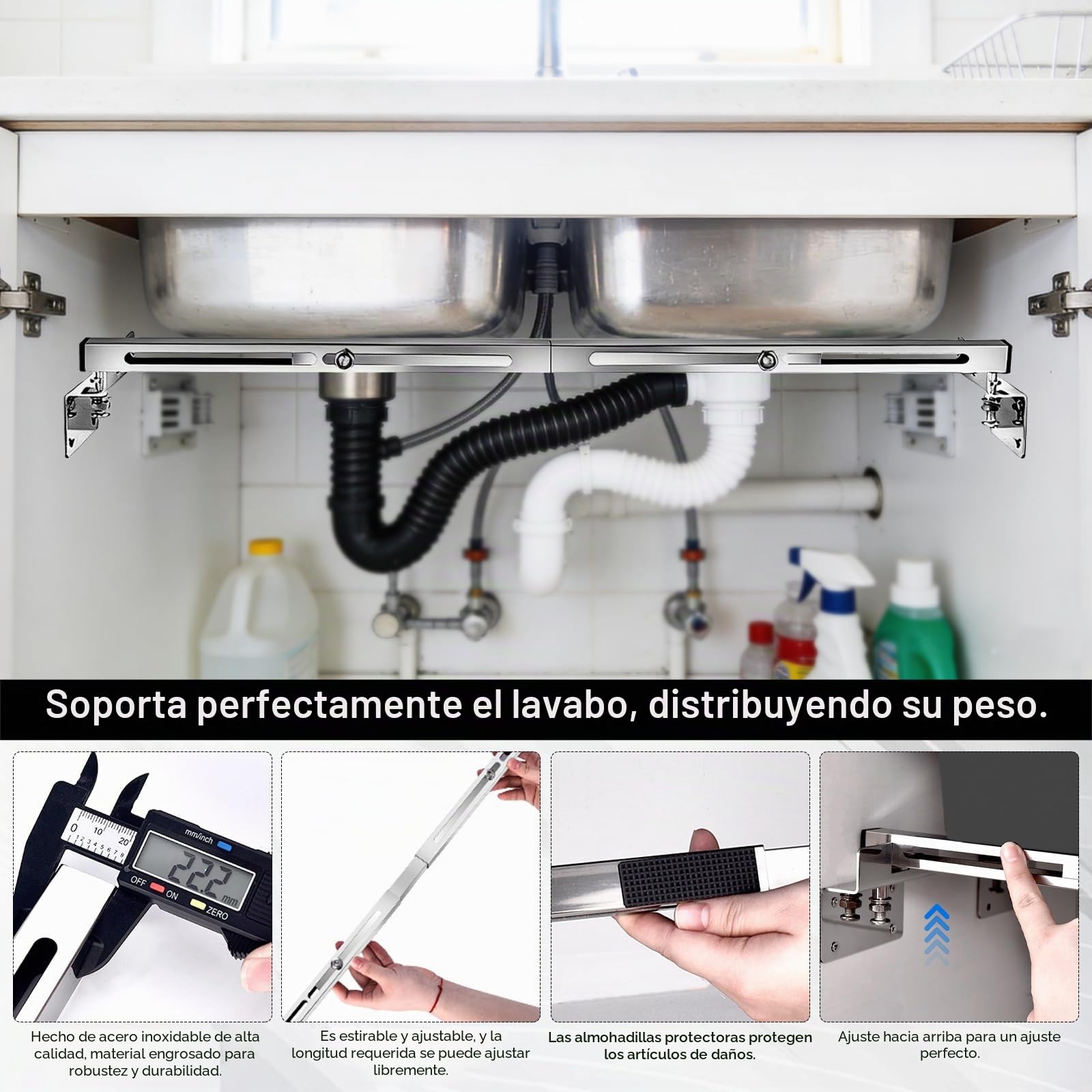 Juego de 2 soportes para fregadero bajo encimera, ajustables, soporte lateral sin costura, kit de montaje de acero inoxidable para distribución del peso, apto para fregaderos pesados y baño (51-80cm)