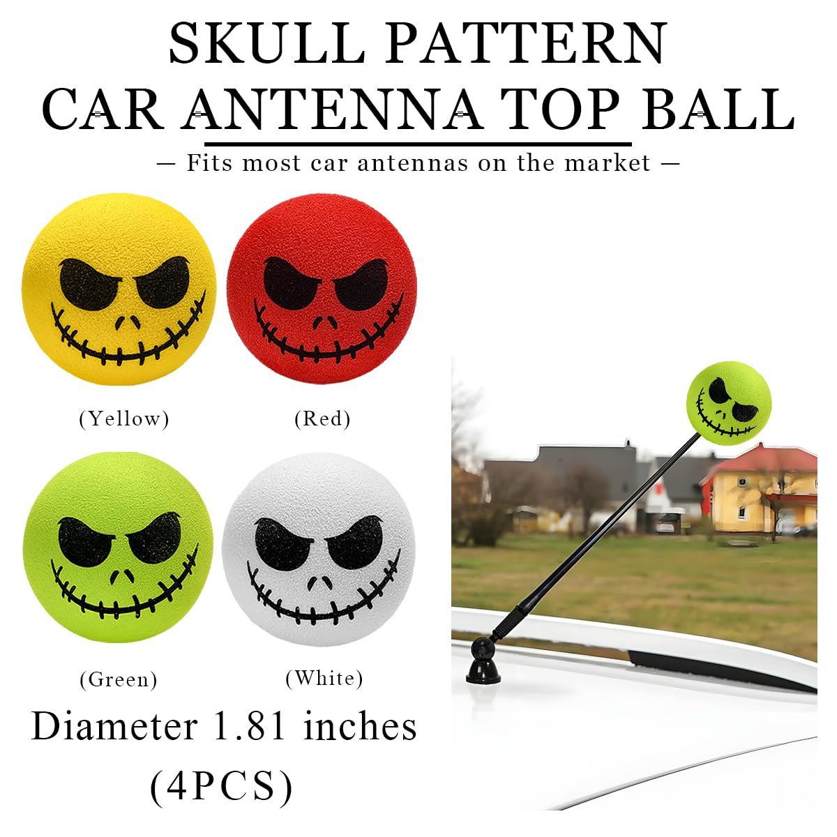 SHMZK 4 PCS Car Antenna Toppers, Funny Halloween Skull Spooky Smile Car Antenna Areial Balls, Skull Smile Face Antenna Topper Exterior Decor Doll for Most Vehicles, Car Accessories
