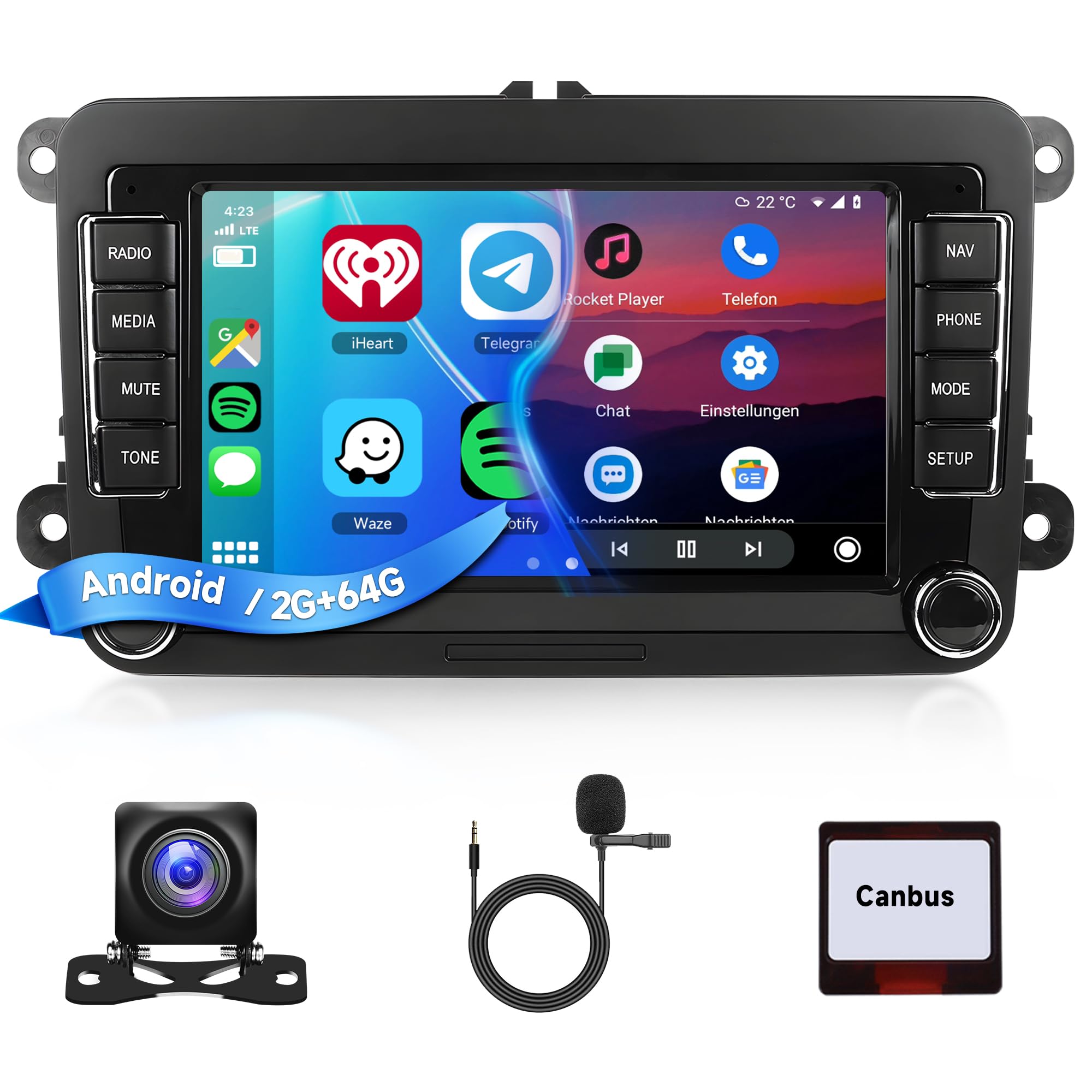 2G+64G Android Autoradio per VW Golf 5 6 Passat Polo Tiguan Touran Caddy Skoda Seat 7 Pollici Wireless Carplay Autoradio con Android Auto GPS Navi WiFi Bluetooth FM/RDS Telecamera Posteriore