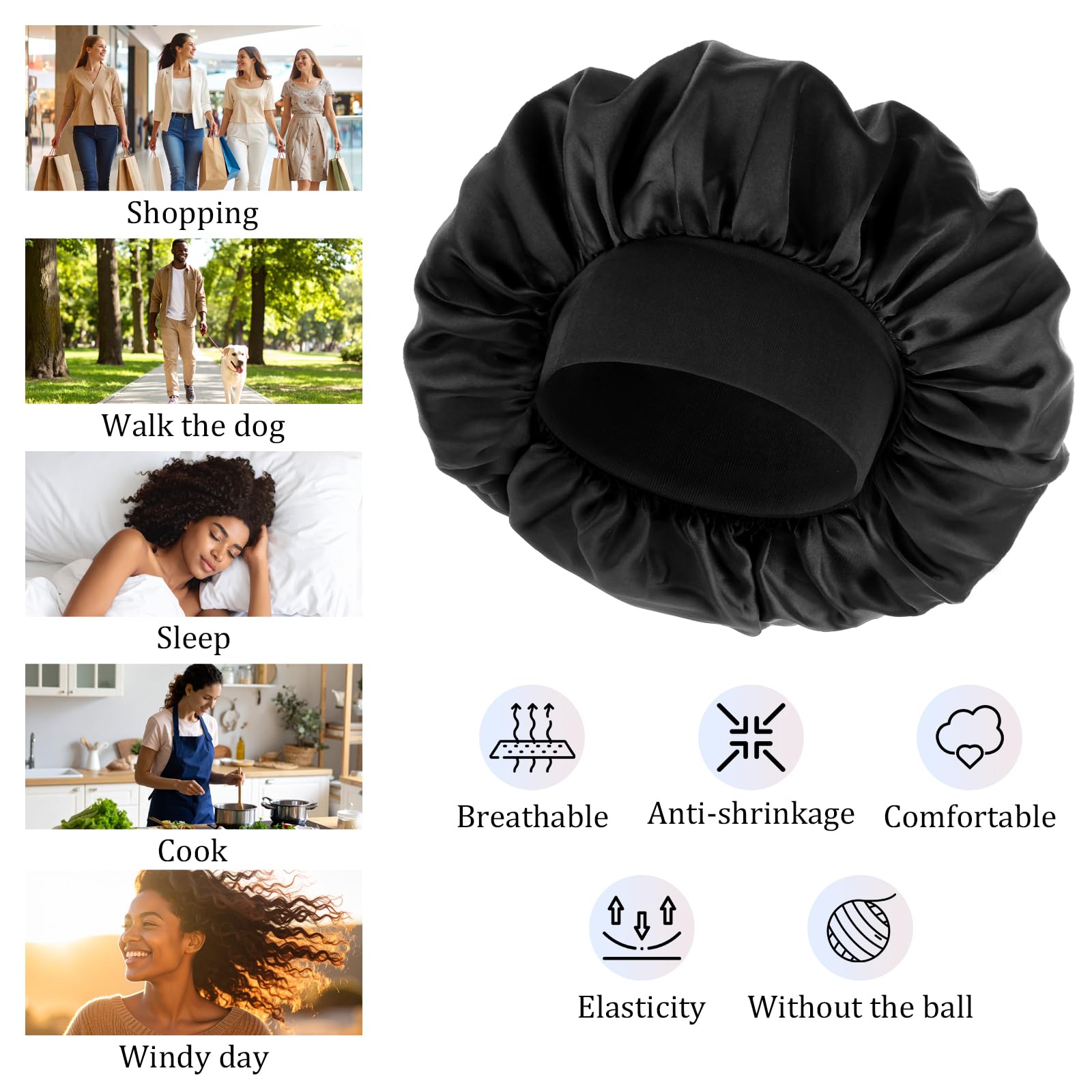 WLLHYF Gorros para hombre, gorro de satén ajustable de seda suave, banda elástica, reversible, grande, para mujeres negras, trenzas de cabello rizado