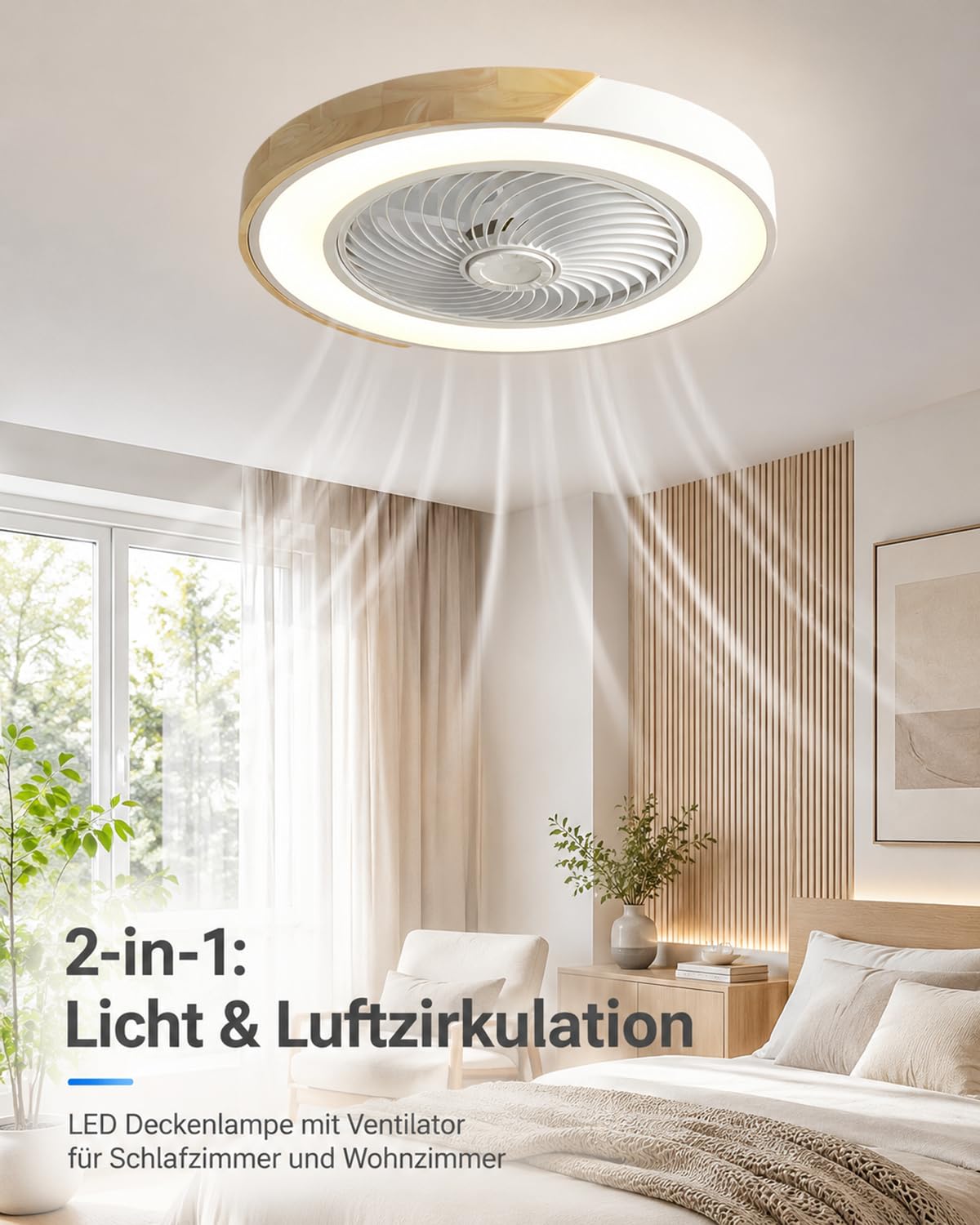LANMOU Deckenventilator mit Beleuchtung, 52 cm LED Holz Deckenlampe mit Ventilator Leise, Sommer- & Winterbetrieb, Reversibler Luftstrom, Dimmbar 3000K-6000K, App & Fernbedienung, Weiß