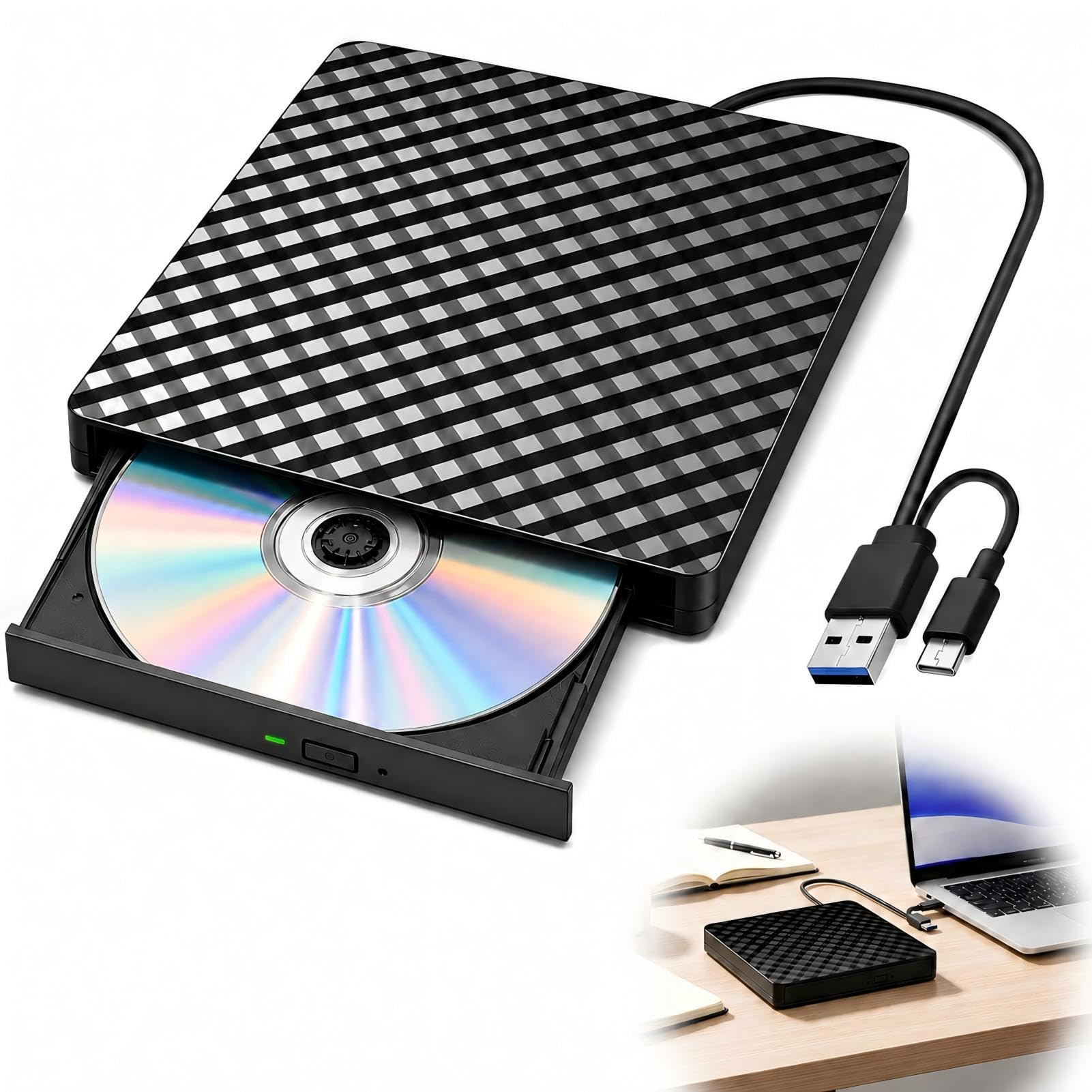 Lector CD/DVD Externo USB 3.0 y Type-C, Grabadora CD DVD Portátil Plug and Play, Unidad Óptica +/-RW para PC, Portátil, Sobremesa, Compatible con iMac, Windows 11/10/8/7, Mac OS, Surface Pro, Negro