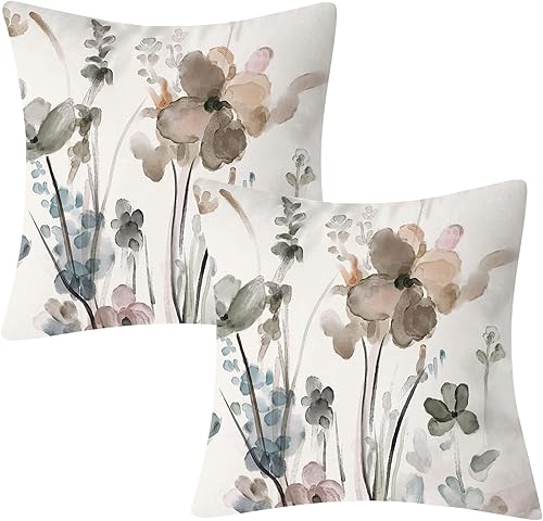 Miniatura 7 de Juego de 2 fundas de almohada florales de 18 x 18 pulgadas, fundas de cojín florales de acuarela verde azulado, marrón, crema y gris, fundas de