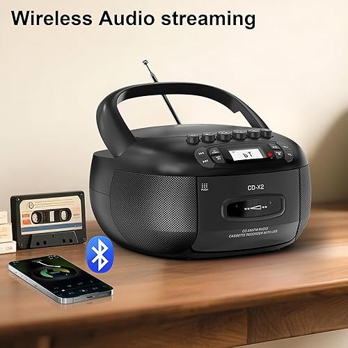 Miniatura 5 de Reproductor de CD Boombox con reproductor de cassette: caja portátil de CD Boom con Bluetooth, FM/AM, grabadora de cinta y control remoto