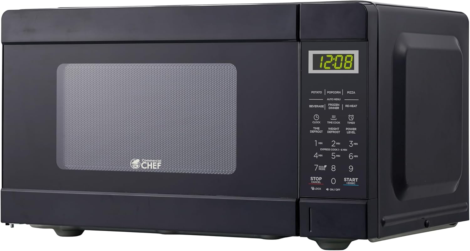 COMMERCIAL CHEF 0.9 Cu Ft Microwave with 10 Power Levels, Push Button and Child Lock, 900 Watt Microwave with Digital Controls, Countertop Microwave with Timer and Quick-Touch Menu, Black