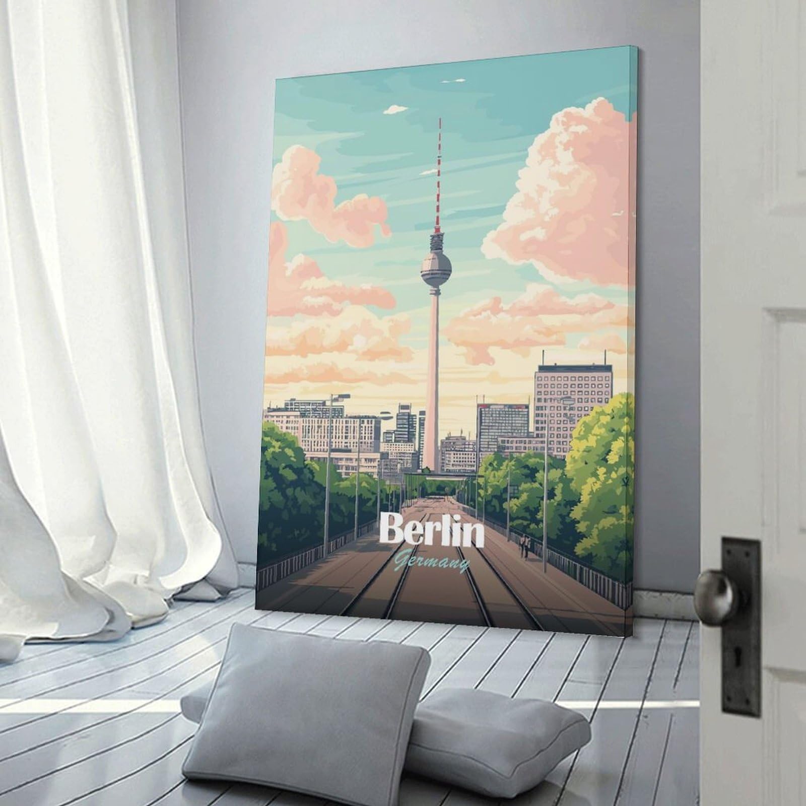 Junmoney Berlin, Germany Cityscape Illustration(2) Canvas Wall Art 08x12inch(20x30cm), for Study, Office Or Focused Interiors, Home Office Artwork with Decorative Appeal