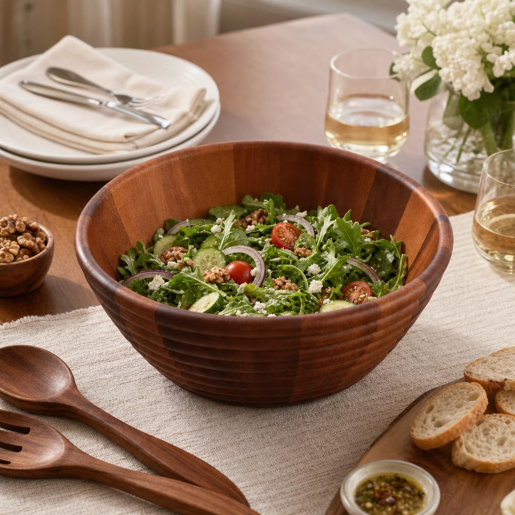 Arthur Court Ensaladera grande de madera de acacia estilo colmena, cuenco único para servir frutas, aperitivos y ensaladas, 5 pulgadas de alto x 12 pulgadas de diámetro