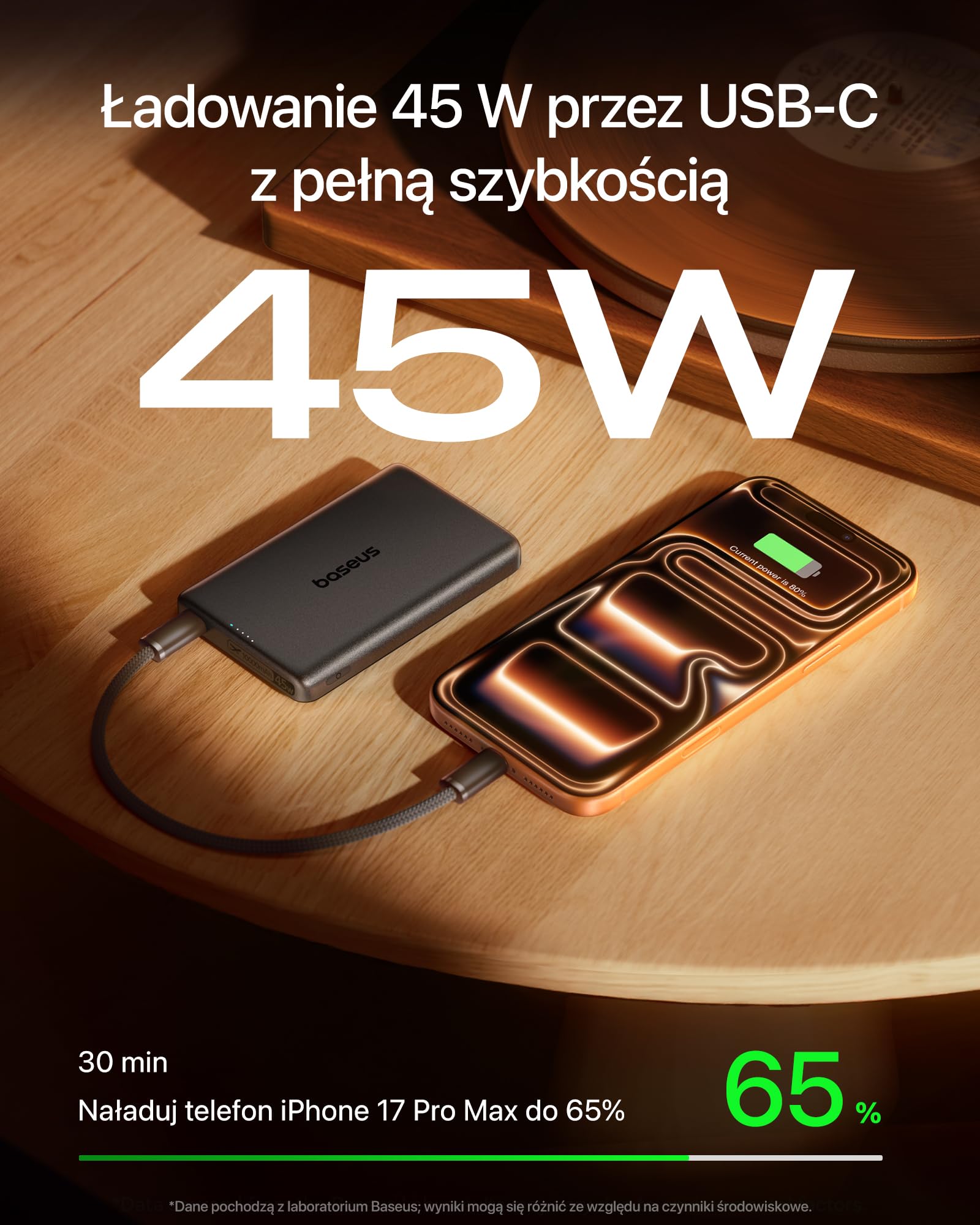 Baseus PicoGo AM52 Power bank, Qi2.2 Magsafe Powerbank 10000 mAh, ultraszybkie ładowanie bezprzewodowe 25 W, szybkie ładowanie PD 45 W, magnetyczna bateria zewnętrzna do iPhone'a 17/16 Pro Max, czarna