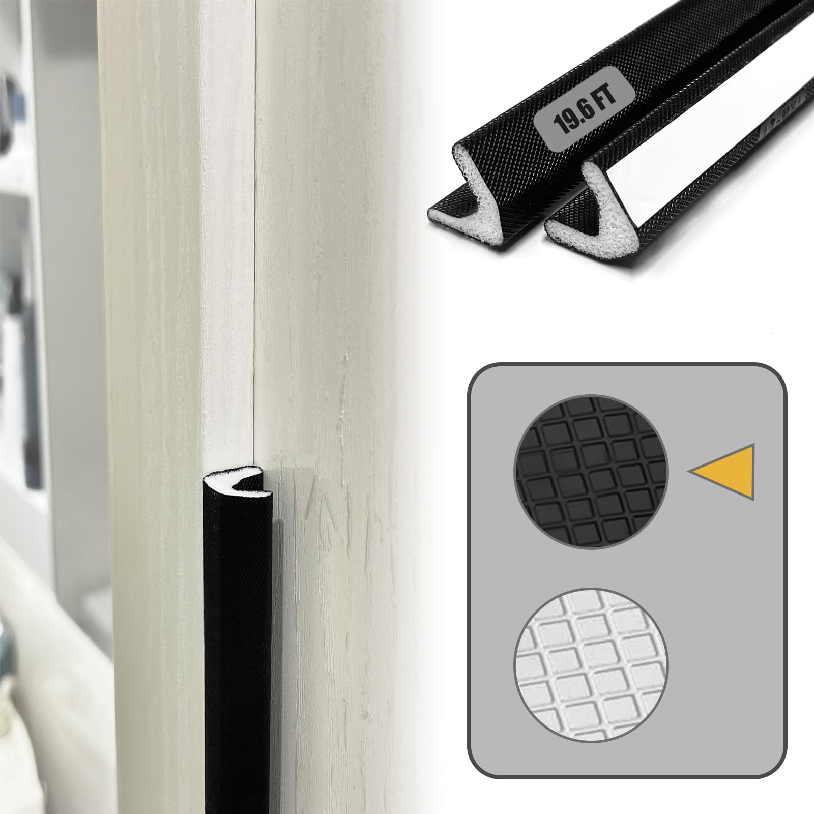YZGJM Door Frame Adhesive Weather Stripping Seal Strip PU Foam, PE Cover, Groove Slot Installation for Large Gap, Sound Heat Insulation, Dust Water Moisture Prevention (19.6ft, Black Adhesive)