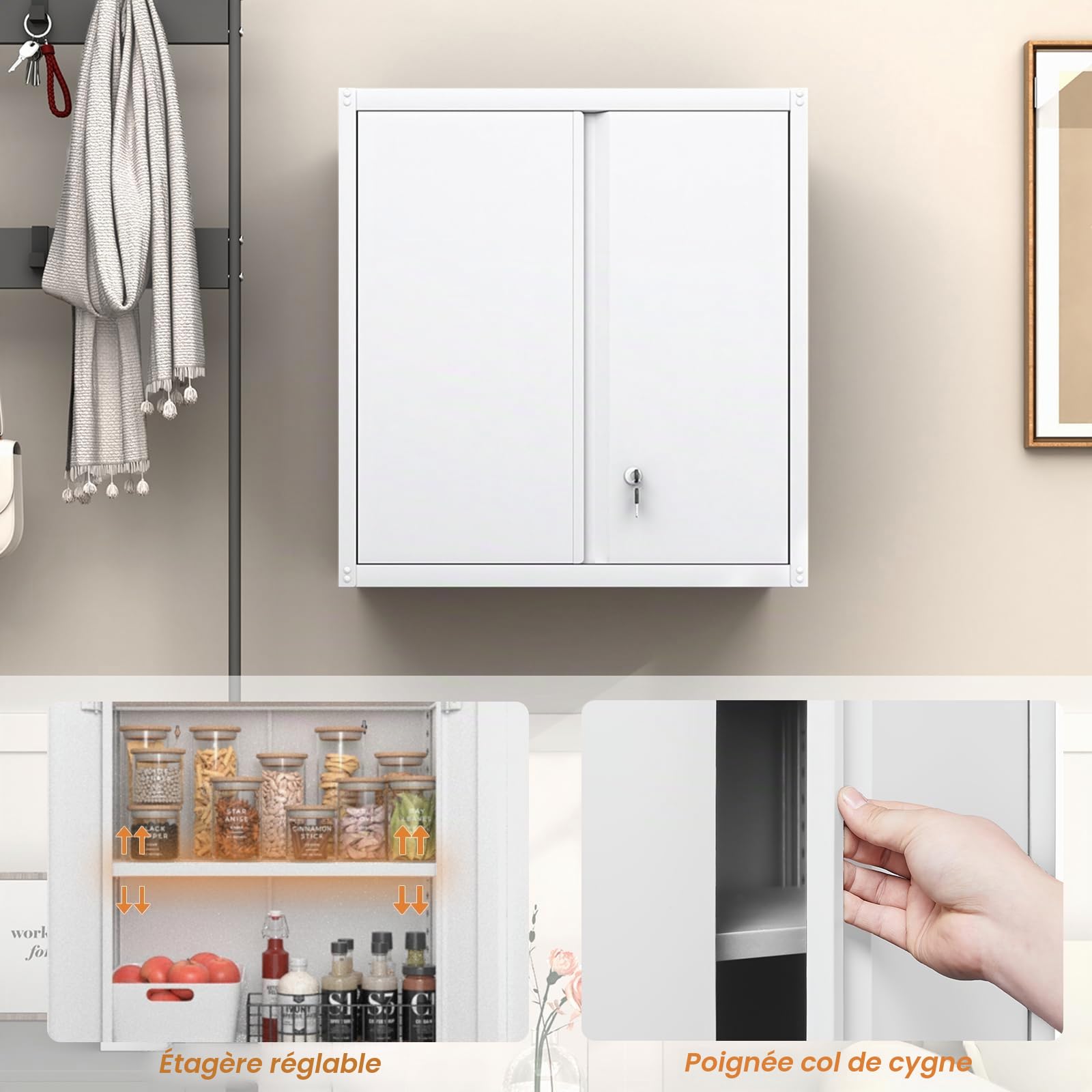GREATMEET Armoire Murale en métal avec Serrure, Armoire de Rangement Murale en métal avec 1 étagère réglable et 2 Portes, Armoire de Rangement supérieure en Acier pour Le Bureau et la Maison,