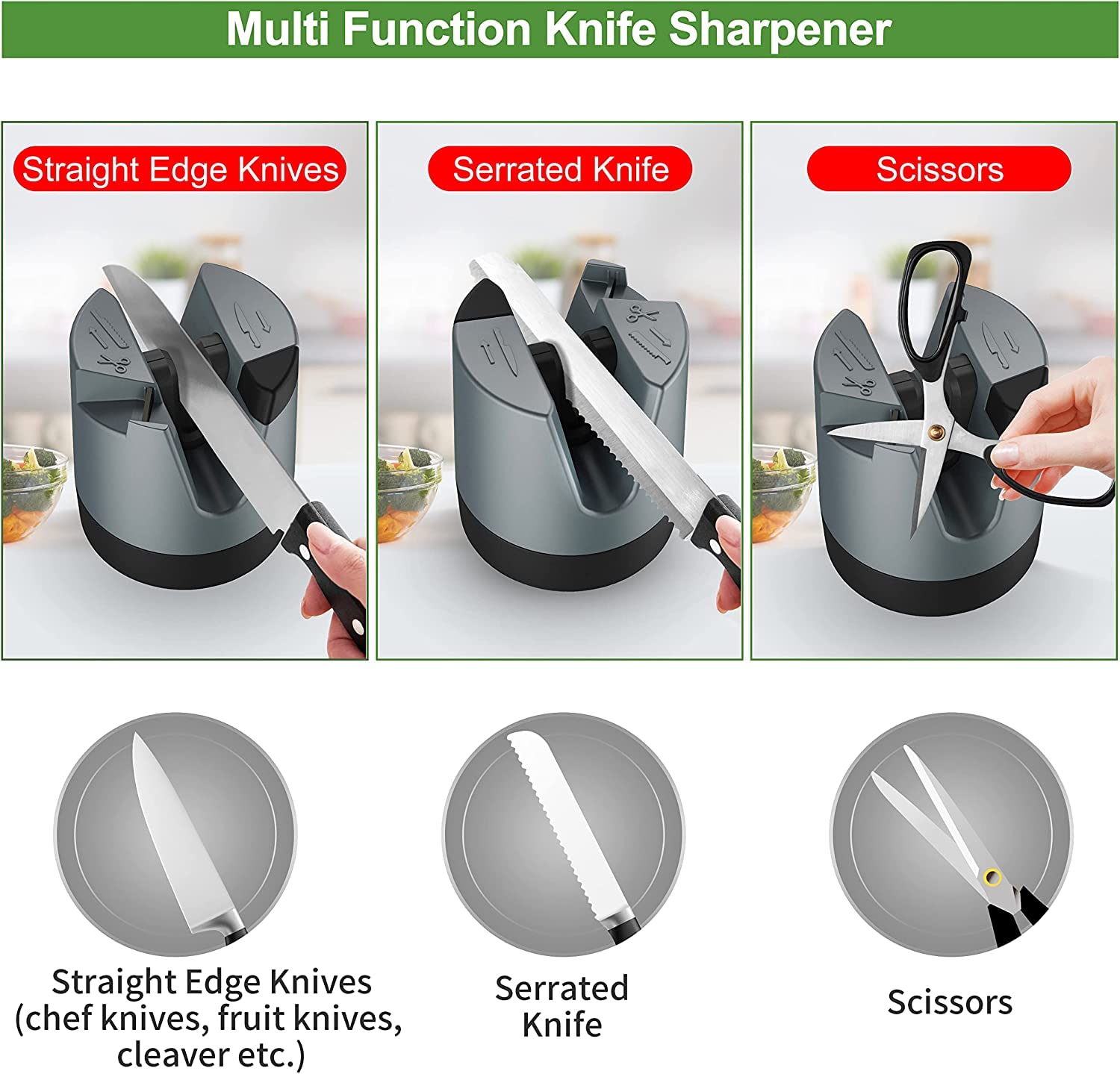 Aiguiseur De Couteaux 4-en-1 Avec Ventouse - Affûteur Automatique Pour Couteaux Lisses, Dentés, Ciseaux + Tige Céramique