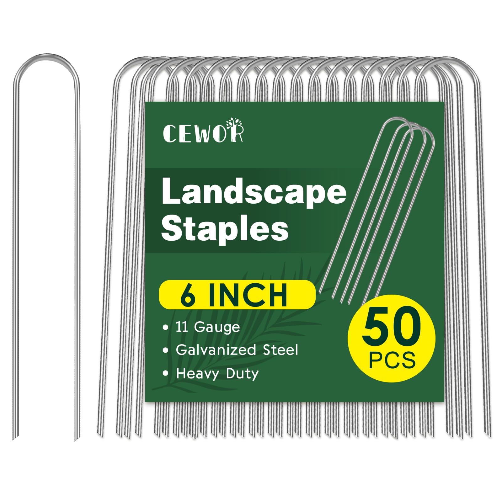 CEWOR 50 Pack Garden Stakes 6 Inch, 11 Gauge U Pegs Galvanized Landscape Staples Pins Lawn Stakes for Water Soaker Hose, Dog Fence, Drip Tubing
