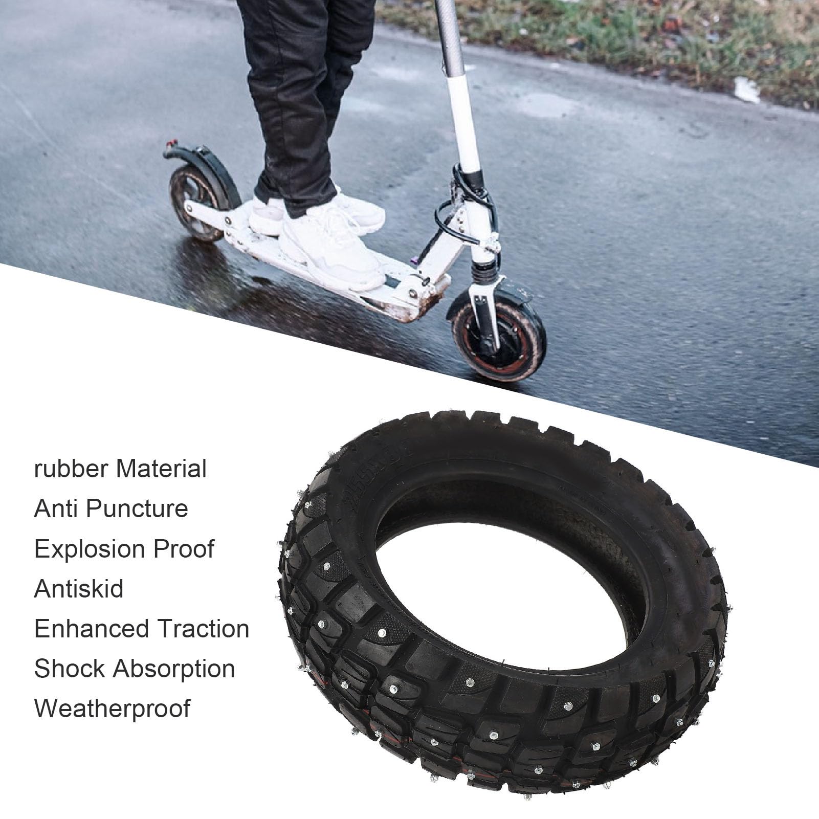Fockety Pneumatico per Scooter Elettrico da 255 X 80 da 10 Pollici, Pneumatico Tubeless in Gomma Addensata Antiscivolo, Pneumatico Esterno con Borchie Antideflagrante per Vuoto Fuoristrada