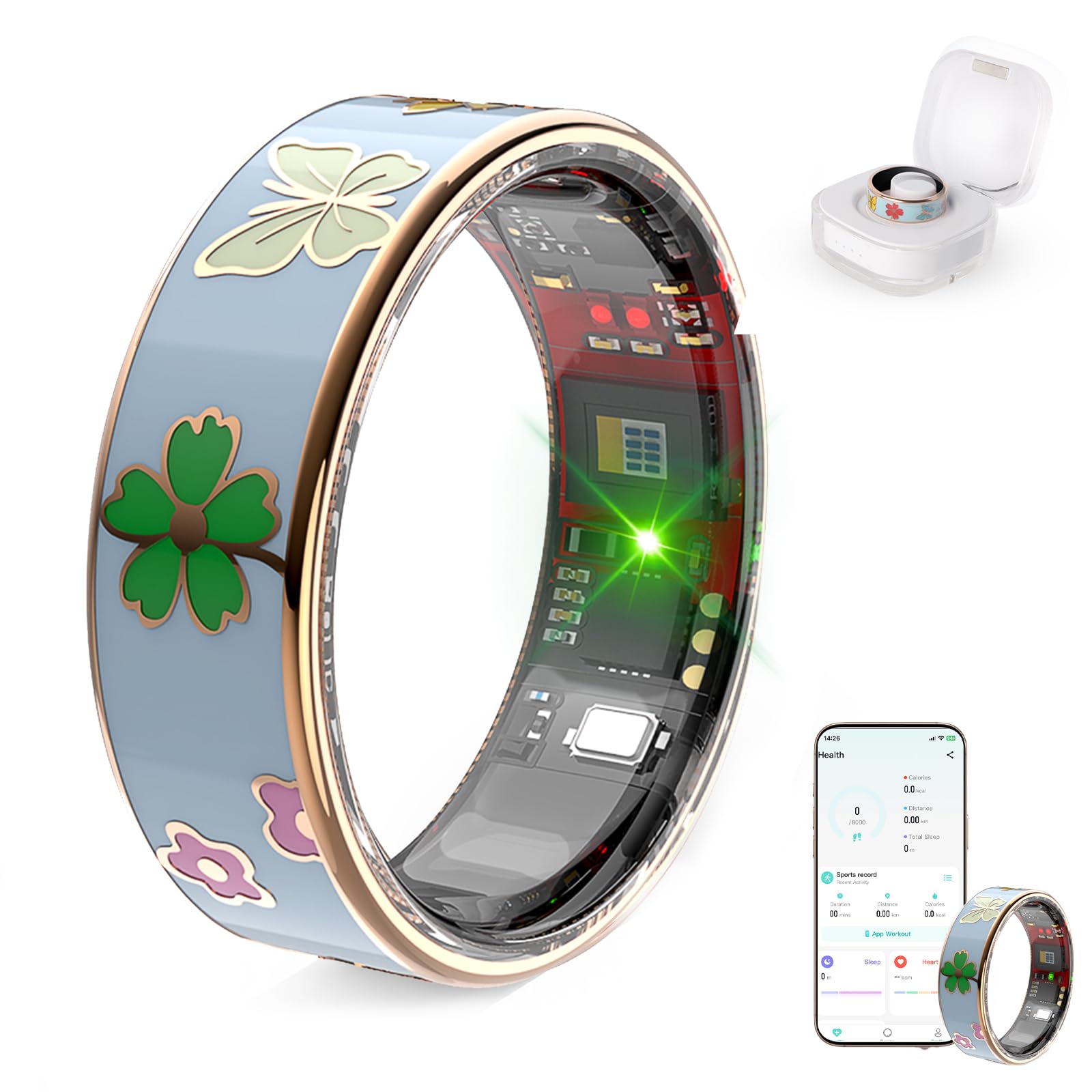 Smart Ring for Women & Men, Enamel Craft Health Fitness Tracker with Heart Rate Blood Oxygen Monitor, Sleep Tracking, IP68 Waterproof, Step Counter, Activity Tracker for iOS Android (Blue, 9)