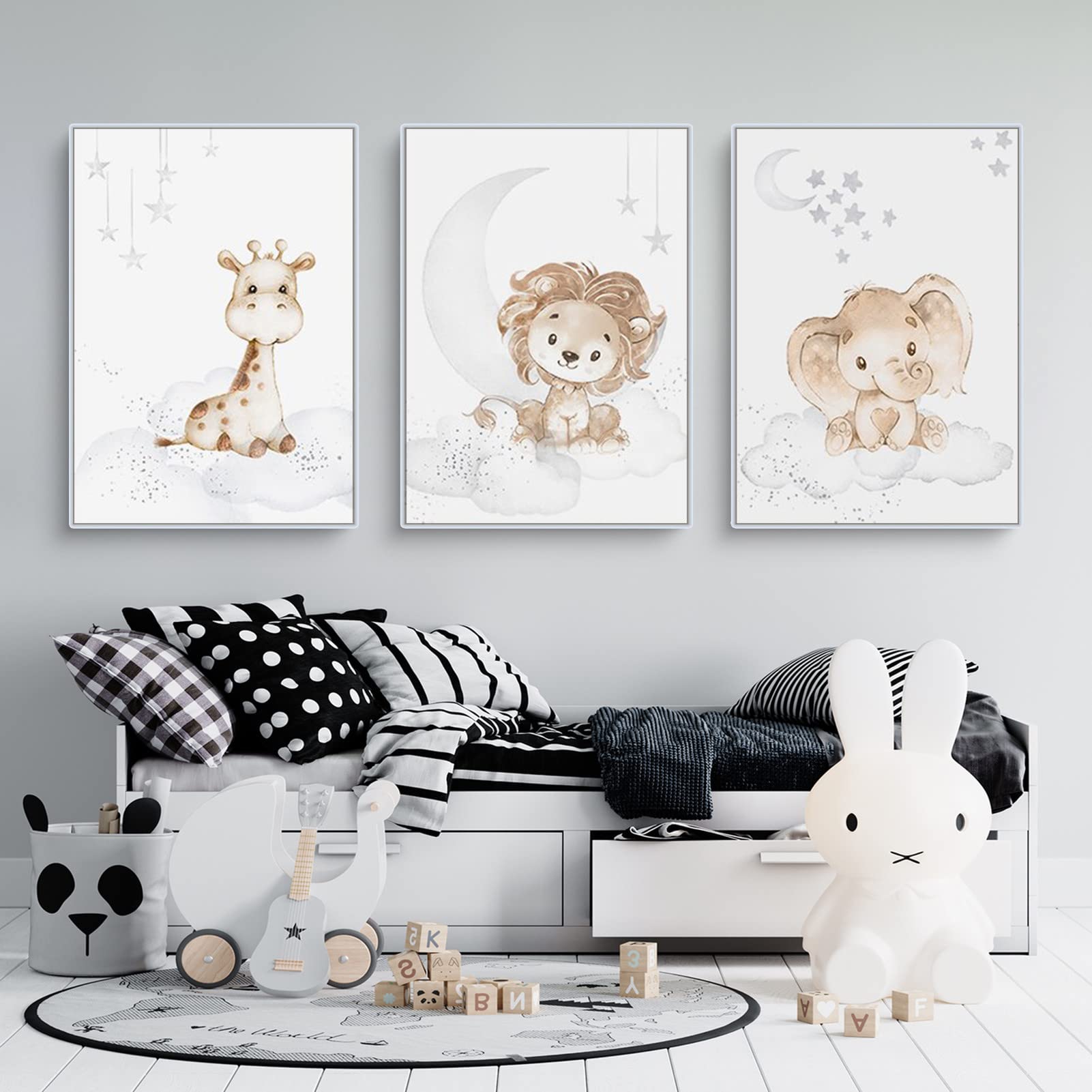 EXQUELEG Juego de 3 pósteres infantiles, diseño de conejo y jirafa, imágenes decorativas sin marco, motivos de animales
