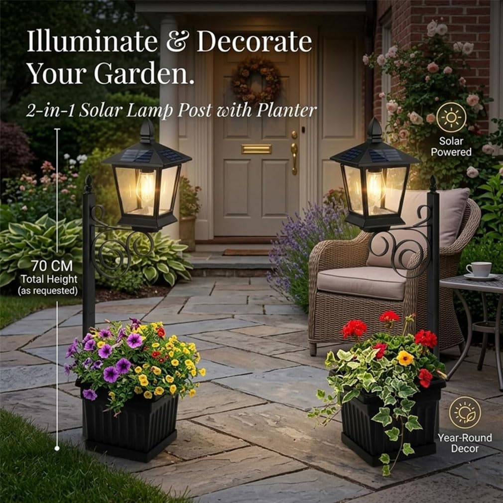 2-in-1 Solar Lamp Post Light with Planter, 2-in-1-Solar-Laternenpfahlleuchte mit Pflanzgefäß, Solarlampen für Außen Garten, Wasserdicht LED Solar Gartenleuchte für Rasen, Terrasse, Hof, Gehweg