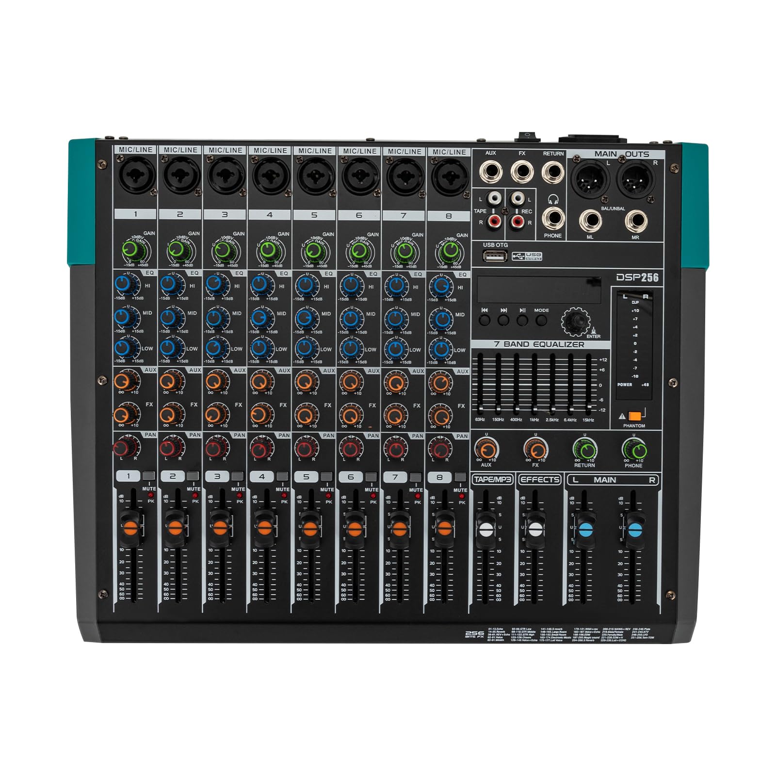 Mikser audio, 8-kanałowy mikser audio z zasilaniem fantomowym 48 V, funkcja Bluetooth, z wyświetlaczem LCD, do prywatnych pomieszczeń KTV, studiów nagrań, pomieszczeń transmisji