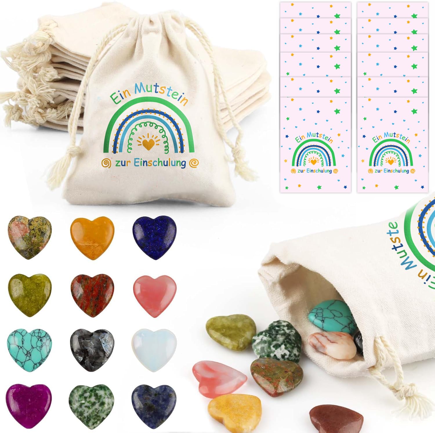 Szhhrxi 12er Glückssteine Set mit Jutesäckchen - Mutstein, Edelsteine & Kärtchen - Vielseitiges Mitgebsel für Kindergeburtstag, Taufe, Weihnachten, Wichteln - Glücksbringer & Mutmacher für Kinder