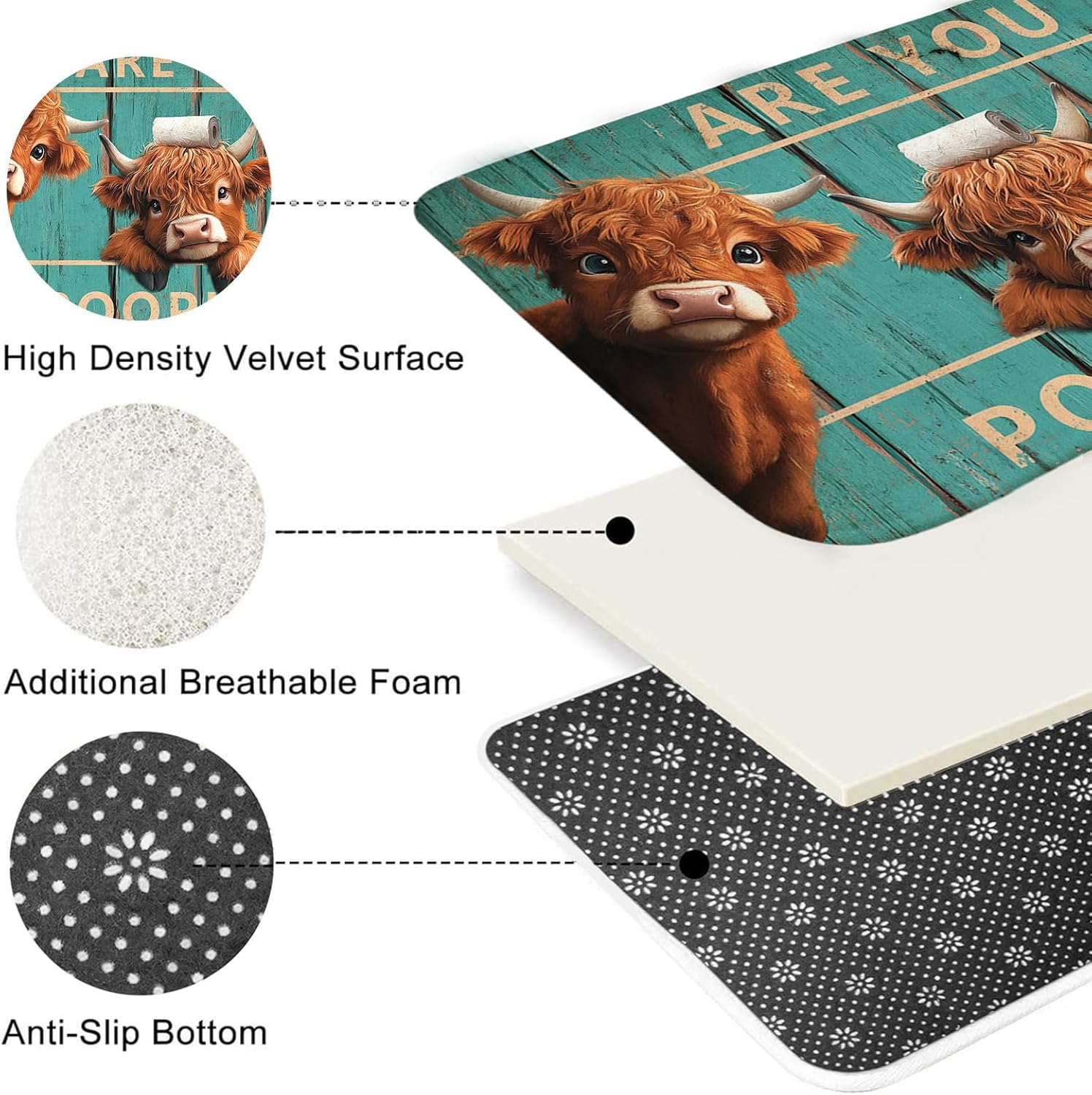Mocsicka Vintage Funny Highland Cow Shower Curtain Set Retro Green Plank Door Farmhouse Cow Bath Decor Set Funny Bath Curtain Set with Anti-Slip Waterproof Bathtub Bathroom Rugs Toilet Lid Cover