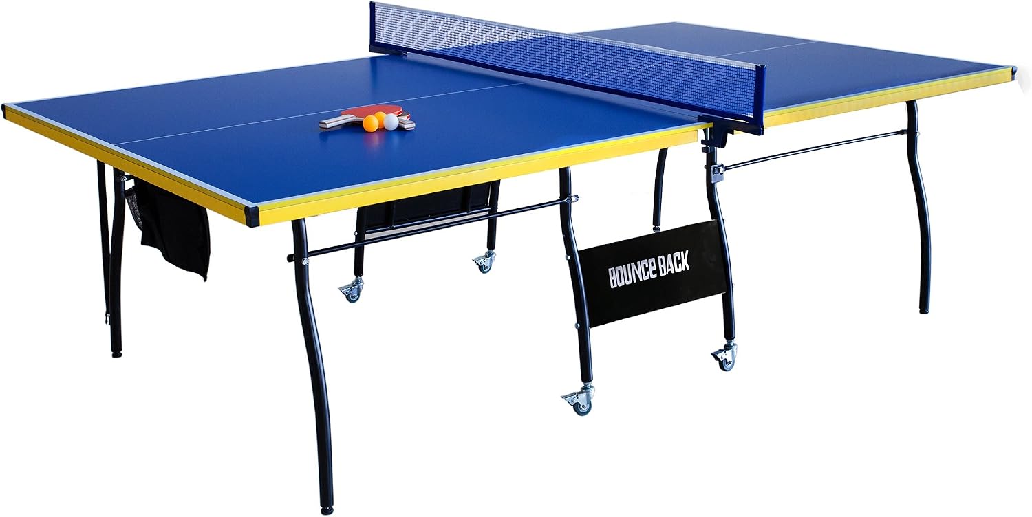 Hathaway Bounce Back Table Tennis - Regulation-Sized 9’x5’ Blue Table with Folding Halves for Individual Play - Includes Net, Paddles, Balls