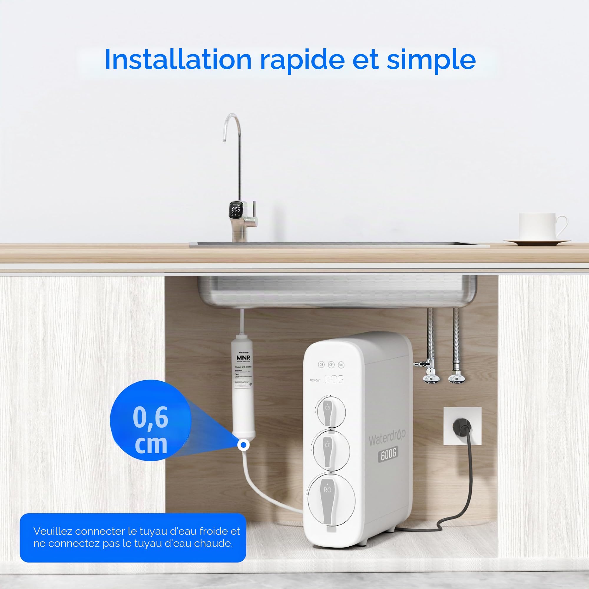 Waterdrop Reminéralisation Inline Filtre à Eau, 1/4” Quick Connect Post Filtre pour RO Osmose Inverse Système de Filtration, Restauration Minéraux Essentiels, WD-MNR35 (2)