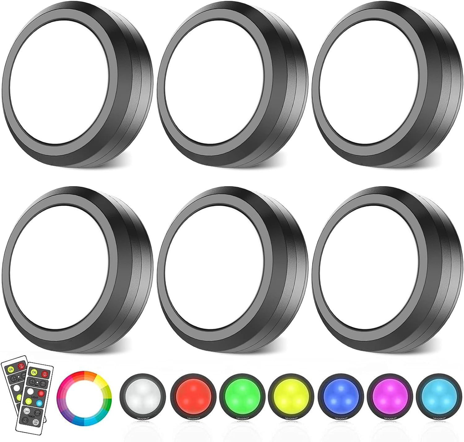 MOUJUCHI Puck Lights, RGB Under Cabinet Lights Wireless LED Lights Battery Operated Under Cabinet Lights Dimmable RGB Night Light with Remote for Kitchen Closet Stair Shelf,6 Pack
