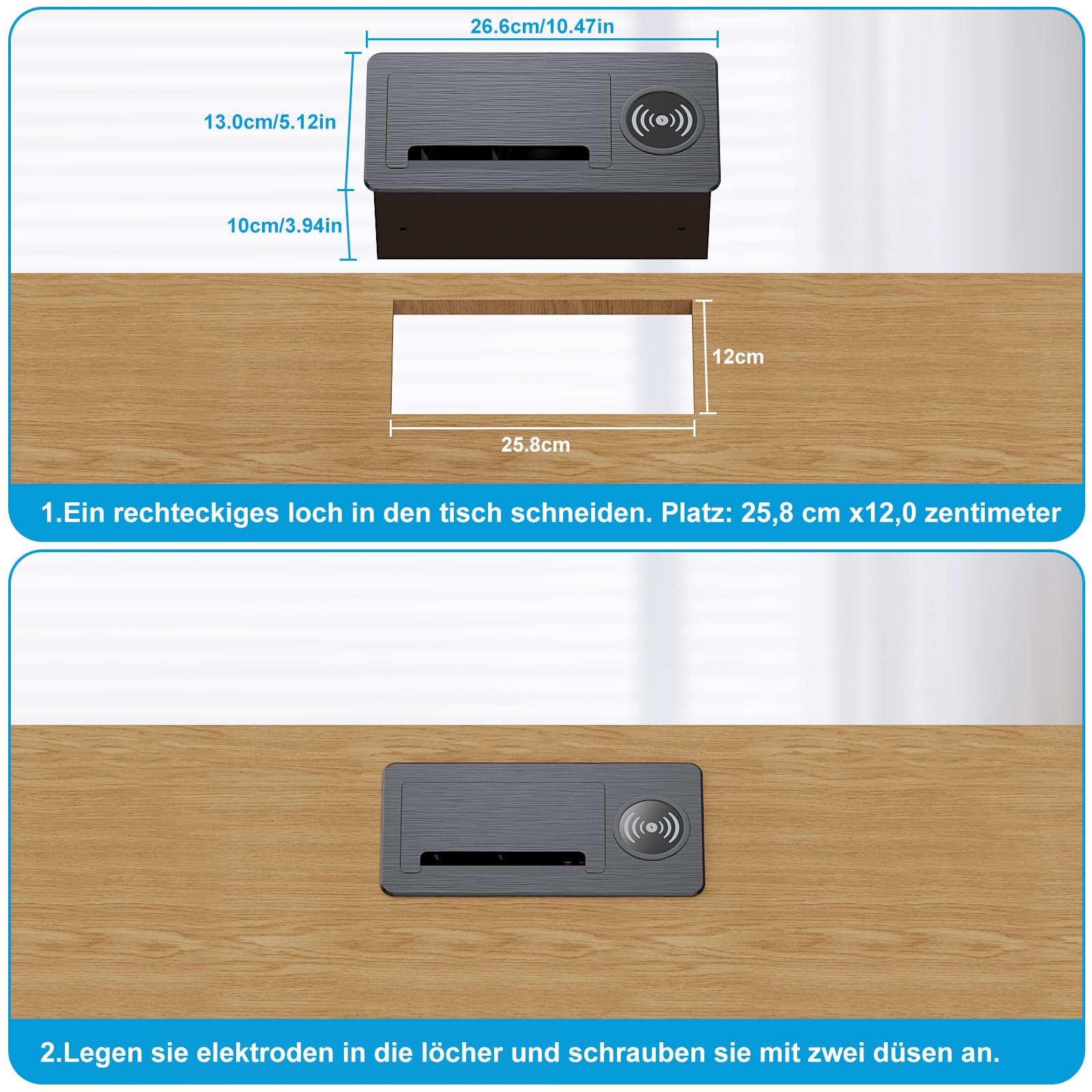Ciabatta elettrica a scomparsa a 2 prese con 2 USB-C PD 20 W e 1 USB-A, presa da incasso in alluminio con cavo da 2 m, colore nero