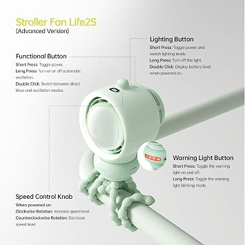 JISULIFE Stroller Fan Baby Large, Safe Bladeless for Crib, Desk, Portable Battery Rechargeable Cooling Fan with Air Turbo Tech, LED Display, Night Light, Food-Grade Gift for Mom/Dad/Friend - Green
