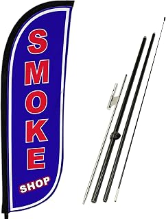 LookOurWay Feather Flag Pole Kit - 7 Feet Tall Advertising Banner with Fiberglass Pole Set and Ground Spike for Business Promotion - Smoke Shop Flags - Smoke Shop Blue