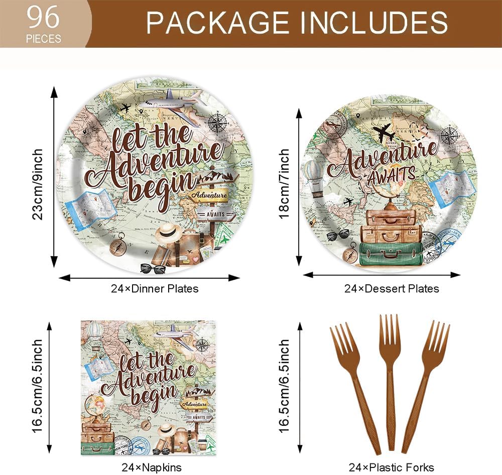 96Pcs Adventure Awaits Party Tableware Supplies Let The Adventure Begin Plates and Napkins World Map Travel Themed Party Set Baby Shower Decorations Serve 24 Guests