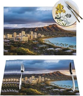 6 PCS PVC Placemats Set Hawaii Skyline Diamond Head Volcano Place Mats for Dining Table Heat Resistant Place Mat Non-Slip Vinyl Woven Table Mats for Kitchen TableProtection Cloth Placemat 18" X 12"