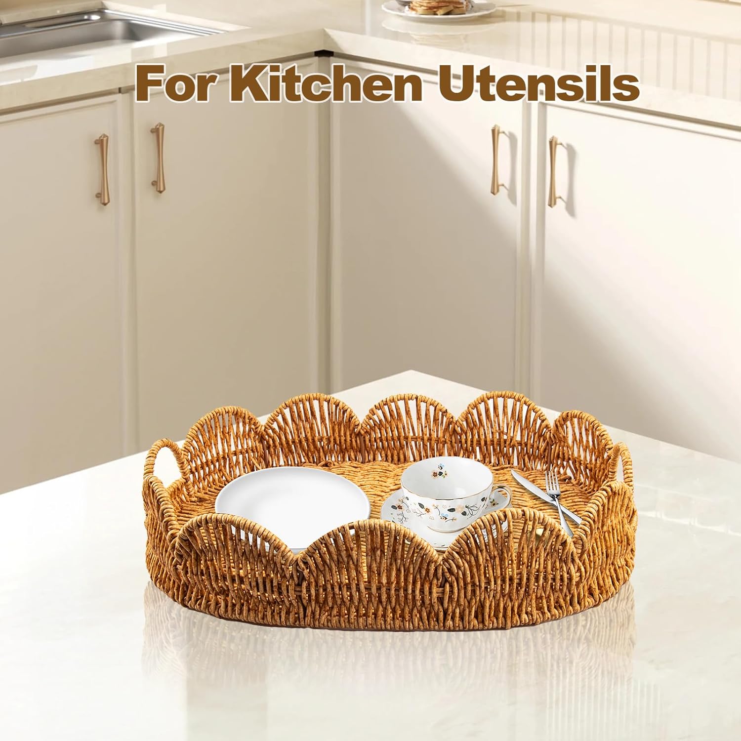 Elliptical Rattan Scalloped Tray, Woven Basket Tray with Bulit-in Handles Scalloped Edges Serving Tray for Coffee Table Living Room Home Decor 14.2" L x 10.9" W x 3.4" H - Image 5