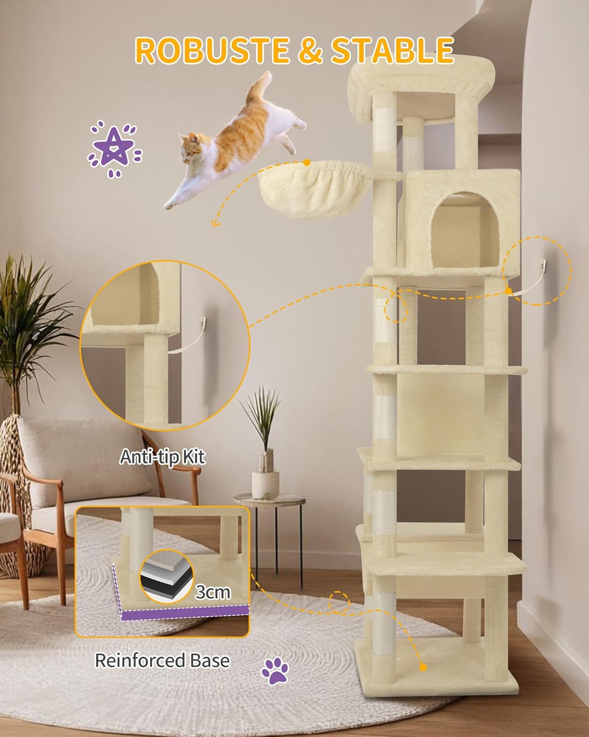 Hzuaneri Cat Tree, 82.6" Large Cat Tower for Indoor Cats, Multi-Level Cat House with Condo, 8 Scratching Posts, Hammock, 4 Pom Poms, Beige MS21018YL