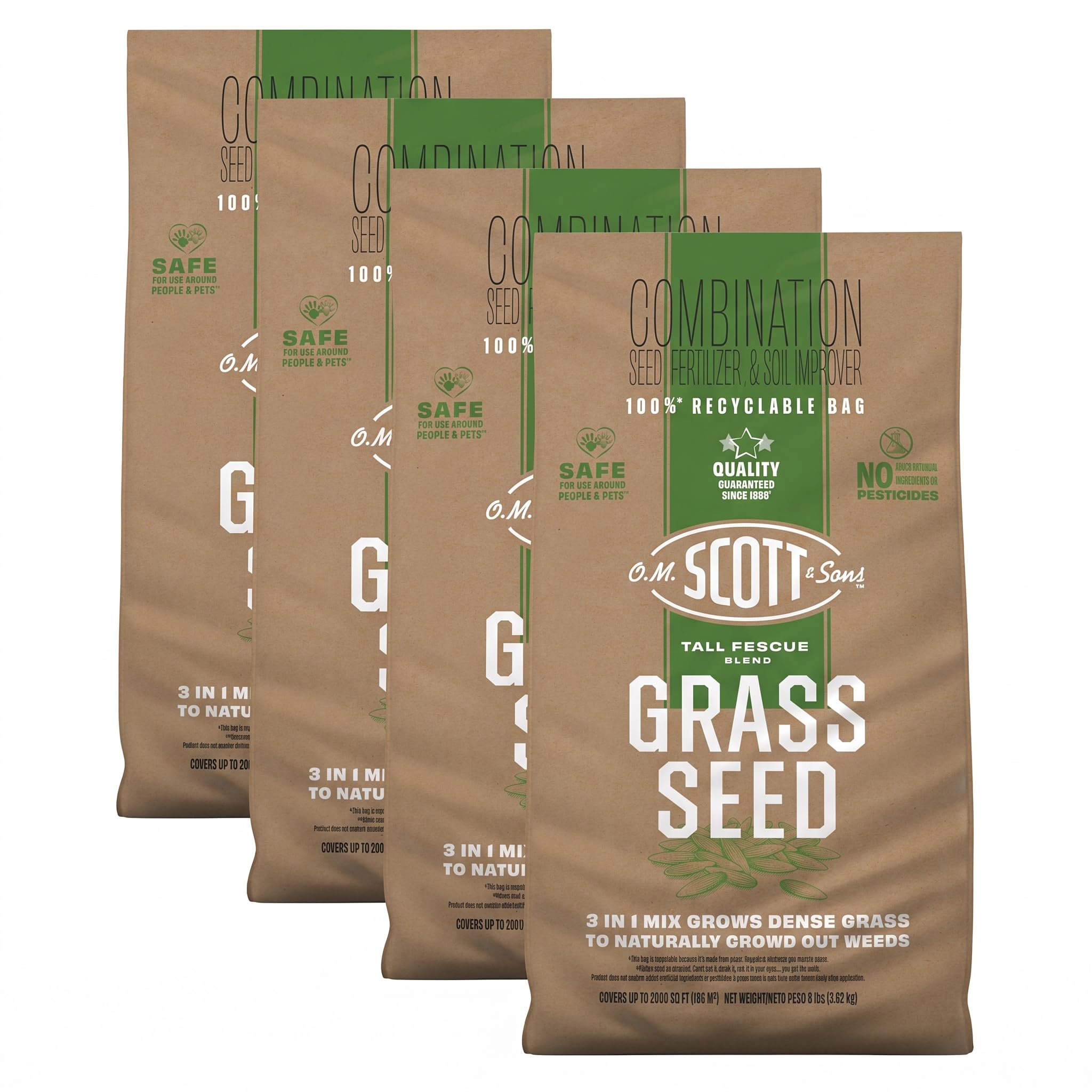 O.M. Scott and Sons Tall Fescue Blend Grass Seed - Lawn Seed, Fertilizer and Soil Improver, Naturally Crowds Out Weeds, Covers Up to 2,000 sq. ft., 8 lb. (Pack of 4)