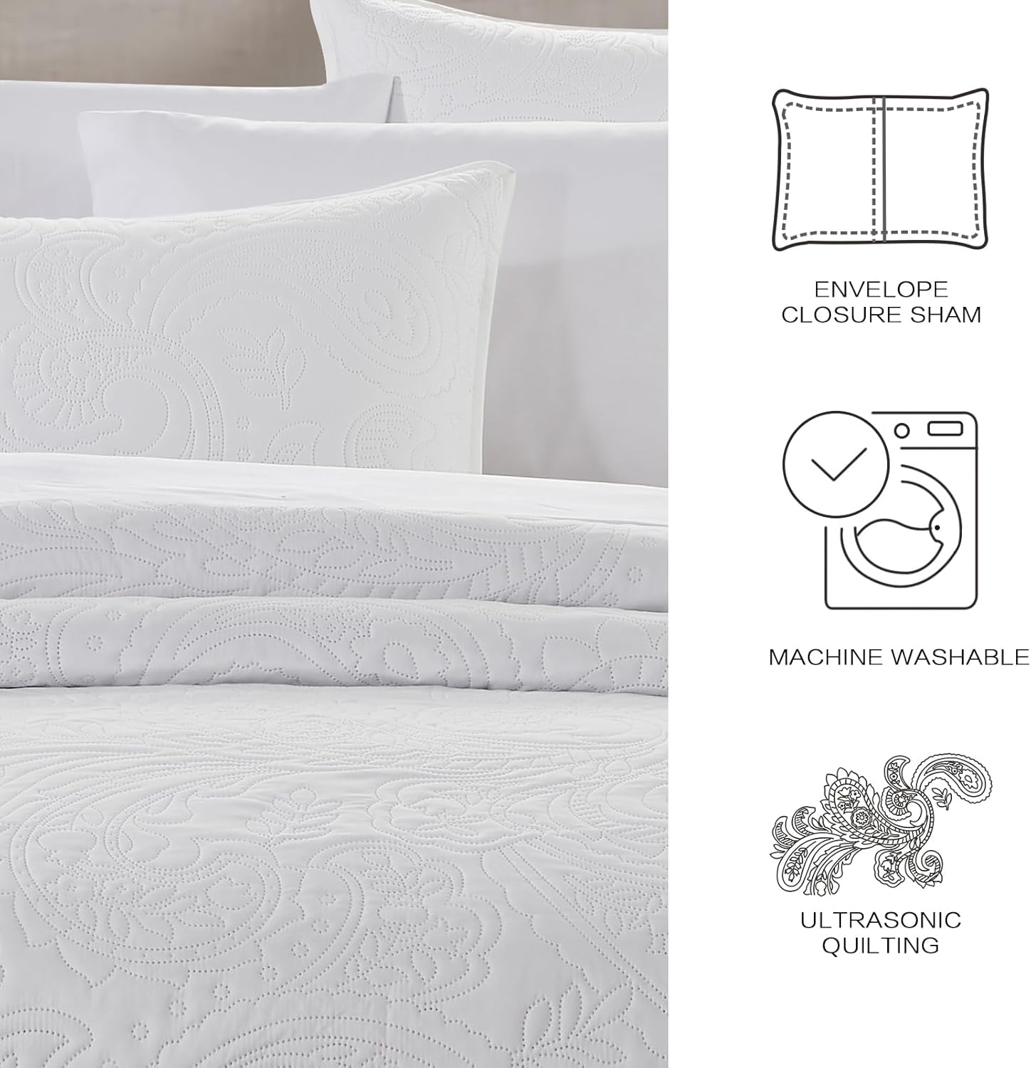 BOURINA Ultrasonic Quilt Set Bedspreads 3-Piece Bedding Set Pre-Washed Microfiber Ultra Soft Lightweight Flower Coverlet Set for All Season, Queen White